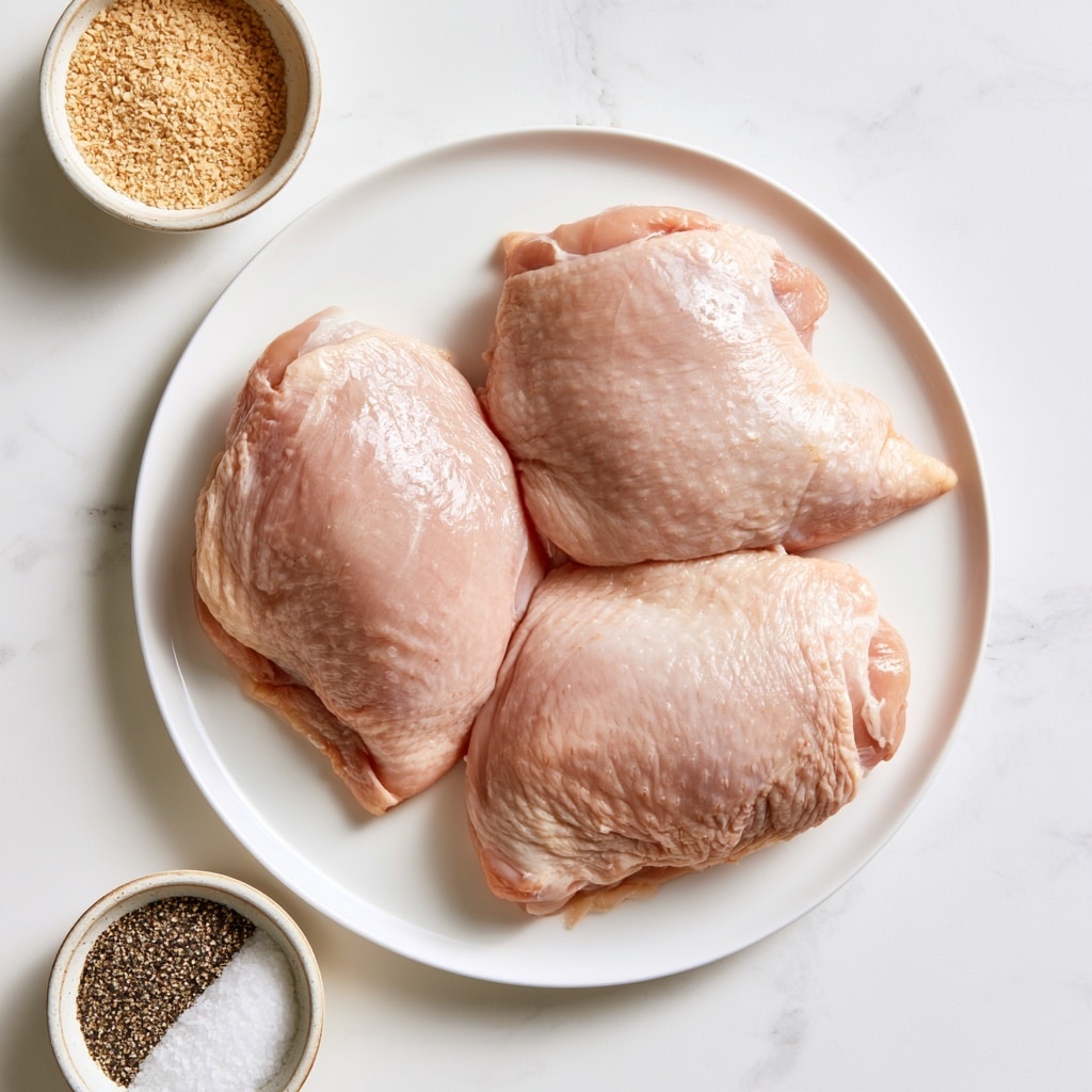 A white plate holds four large raw chicken pieces with smooth, pale pink surfaces and slight natural shine in the center of a white marbled background. Above the plate is a small round bowl filled with light brown garlic powder, and below the plate is another small round bowl divided into two parts – one half with coarse black pepper and the other half with white kosher salt. The bowls are arranged neatly around the plate, and the overall scene is bright and clean. Photo taken with an iphone --ar 4:5 --v 7