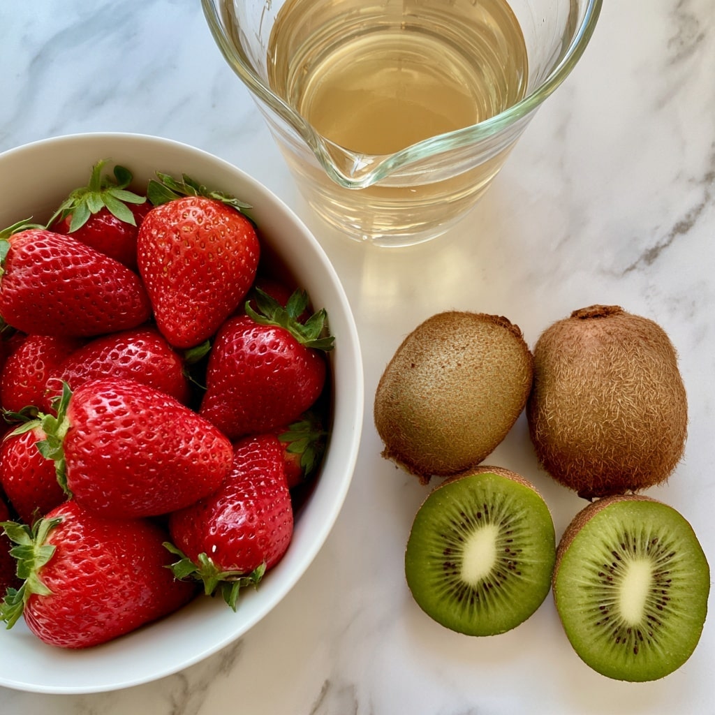 A white bowl full of bright red strawberries with green tops sits on the left side. On the right side, there are three whole kiwis with brown fuzzy skin, and two of them are cut open revealing a green inside with small black seeds. In the middle, there is a clear glass measuring cup filled with a light golden liquid labeled as strawberry-kiwi juice. All these items are placed on a white marbled surface. photo taken with an iphone --ar 4:5 --v 7