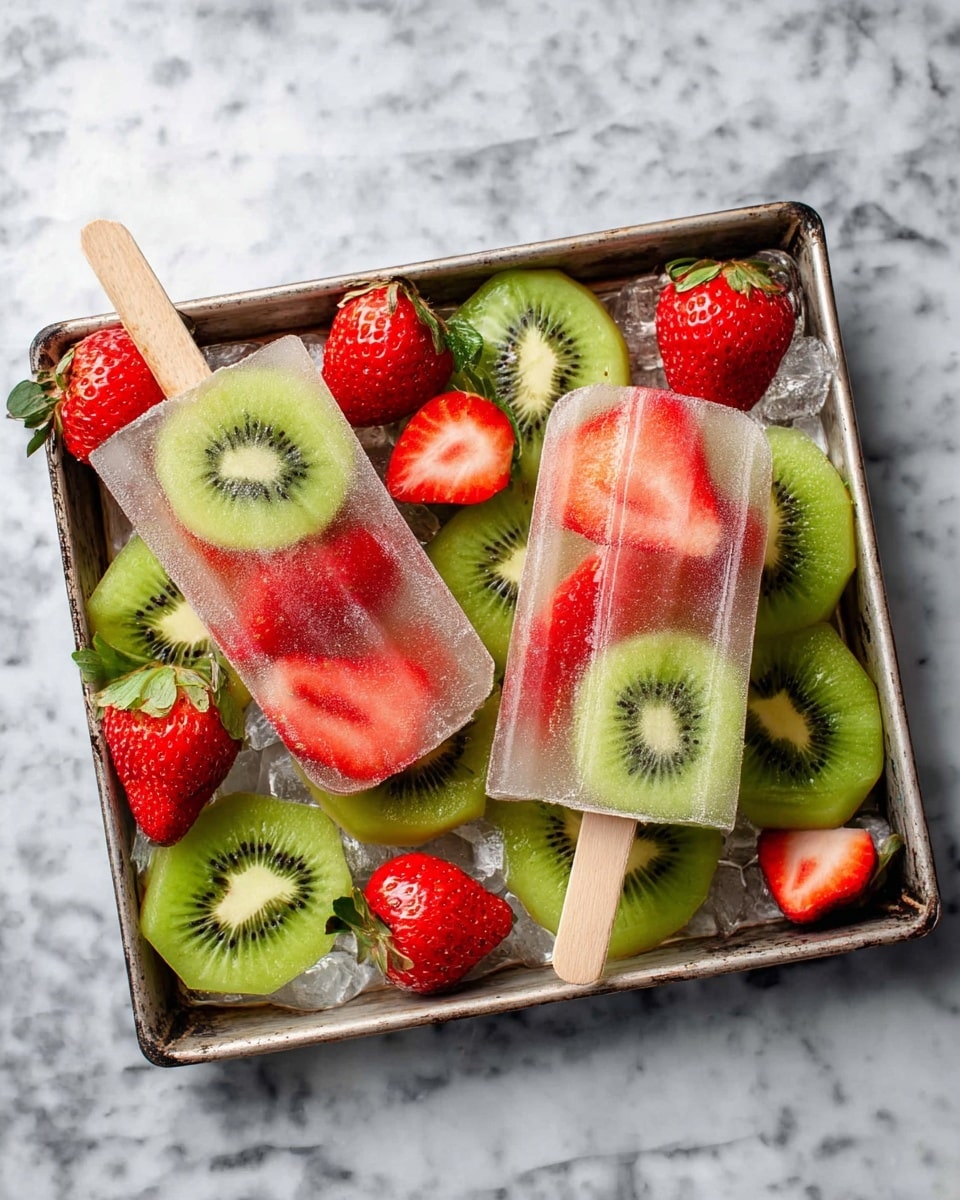The image shows two clear popsicles on wooden sticks placed on a small metal tray filled with a layer of green kiwi slices arranged closely together. Inside each popsicle, a visible layer of a round kiwi slice is centered, surrounded by bright red strawberry pieces spread evenly throughout the transparent ice. Around the popsicles, whole strawberries with green leaves sit on the kiwi slices, adding a fresh red accent to the tray, which rests on a white marbled surface. Photo taken with an iphone --ar 4:5 --v 7