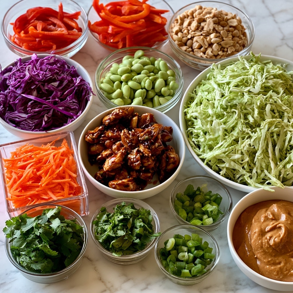 The image shows a collection of ingredients in white bowls and clear glass containers arranged on a white marbled surface. From top to bottom, there is a bowl filled with thinly shredded purple cabbage, a glass bowl with sliced red bell pepper strips, a white bowl holding pieces of chicken marinated in a dark sauce with sesame seeds, a glass bowl with light green edamame beans, and a glass bowl filled with crushed peanuts. Nearby, there is a clear glass container with bright orange shredded carrots, a larger white bowl heaped with finely shredded green cabbage, a small glass cup with chopped fresh cilantro leaves, another small glass cup with chopped green onions, and a white bowl containing a smooth, brown peanut dressing sauce. The presentation is clean, fresh, and colorful with distinct layers and textures visible in each bowl. Photo taken with an iphone --ar 4:5 --v 7