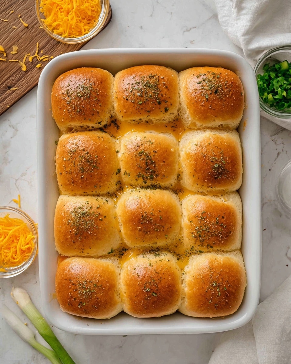 The image shows a white baking dish holding 12 soft, golden-brown slider buns arranged in a 3 by 4 grid. Each bun has a light sprinkle of herbs and seasoning on top, with visible melted cheddar cheese peeking out from under the buns along the edges. The buns look fluffy with a slight shine on their smooth, rounded tops. Around the baking dish, on a white marbled surface, there are small clear bowls holding shredded cheddar cheese and green herbs. Part of a wooden tray and a green onion are also seen near the dish. Photo taken with an iphone --ar 4:5 --v 7