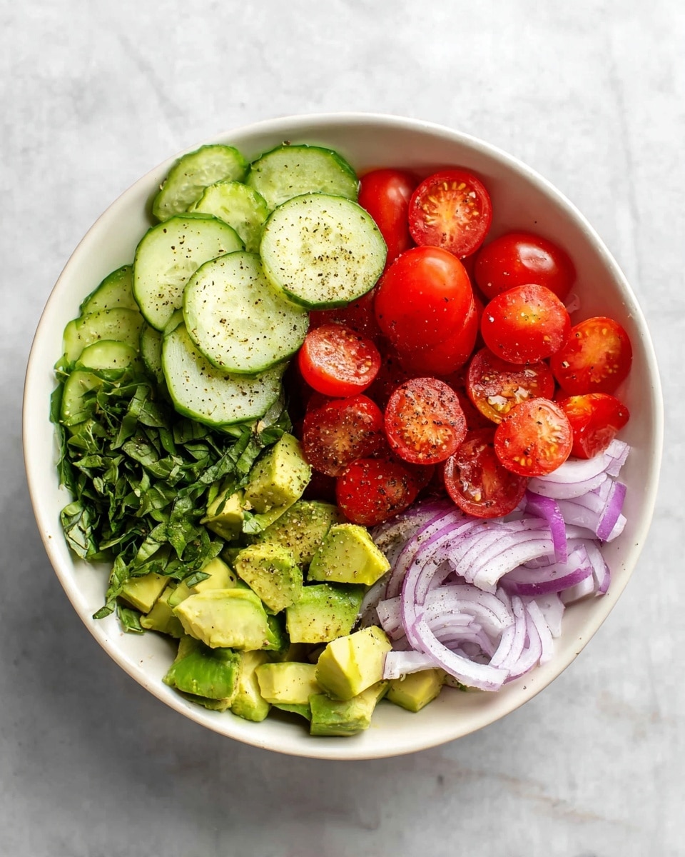 This image shows a wooden board on top of a white marbled surface with several white bowls and ingredients arranged on it. There is a white bowl with chopped green cucumber pieces in the top right corner, a smaller white bowl with thinly sliced purple-red onion in the top left corner, and a white bowl with chunky red tomato pieces near the bottom left. Below the tomato bowl, there is a halved avocado with a green-yellow inside and a large brown seed in one half. To the right of the avocado, there is a small white bowl with chopped green basil, another small white bowl with black pepper, and another white bowl with a mix of salt and pepper. A small white bowl filled with golden-yellow olive oil is placed to the right of the cucumber bowl, and below the olive oil, there is a small white bowl with dark brown balsamic vinegar. The arrangement is neat, and the colors of the fresh vegetables and liquids stand out against the white bowls and wooden board. Photo taken with an iphone --ar 4:5 --v 7