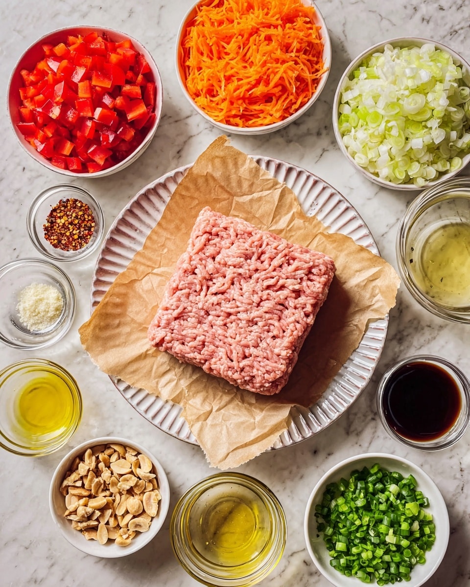 A square block of raw pink ground meat sits in the center on crinkled brown parchment paper layered on a white plate with ridged edges. Around it, there are small white bowls with various colorful ingredients: bright red diced bell peppers on the top left, shredded orange carrots to the right, chopped white onions at the bottom right, bright green chopped spring onions at the bottom left, and crushed light brown nuts near the bottom center. Several small clear glass bowls hold different liquids like light yellow and dark brown sauces, and there are also smaller white bowls containing minced garlic, grated ginger, and a mix of salt and pepper, along with a bowl of crushed red pepper flakes at the top. All items are arranged on a white marbled surface. photo taken with an iphone --ar 4:5 --v 7