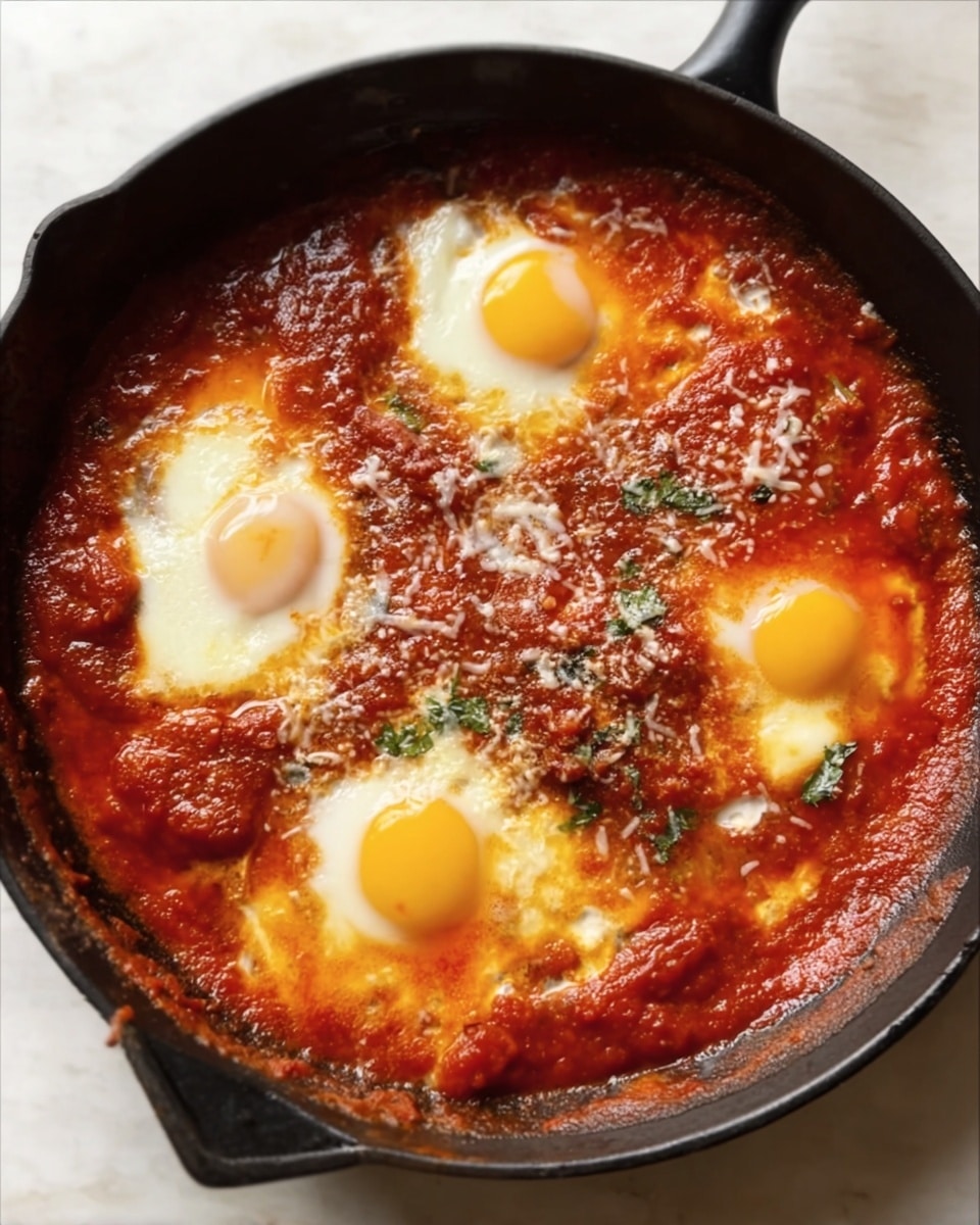 A black cast iron pan filled with four eggs, each with bright yellow yolks and white, soft cooked whites sitting in a thick, rich red tomato sauce. The sauce looks chunky with bits of green herbs visible, covered lightly with melted white cheese on top. The edges of the pan show some sauce stains, and the pan is placed on a white marbled surface. photo taken with an iphone --ar 4:5 --v 7