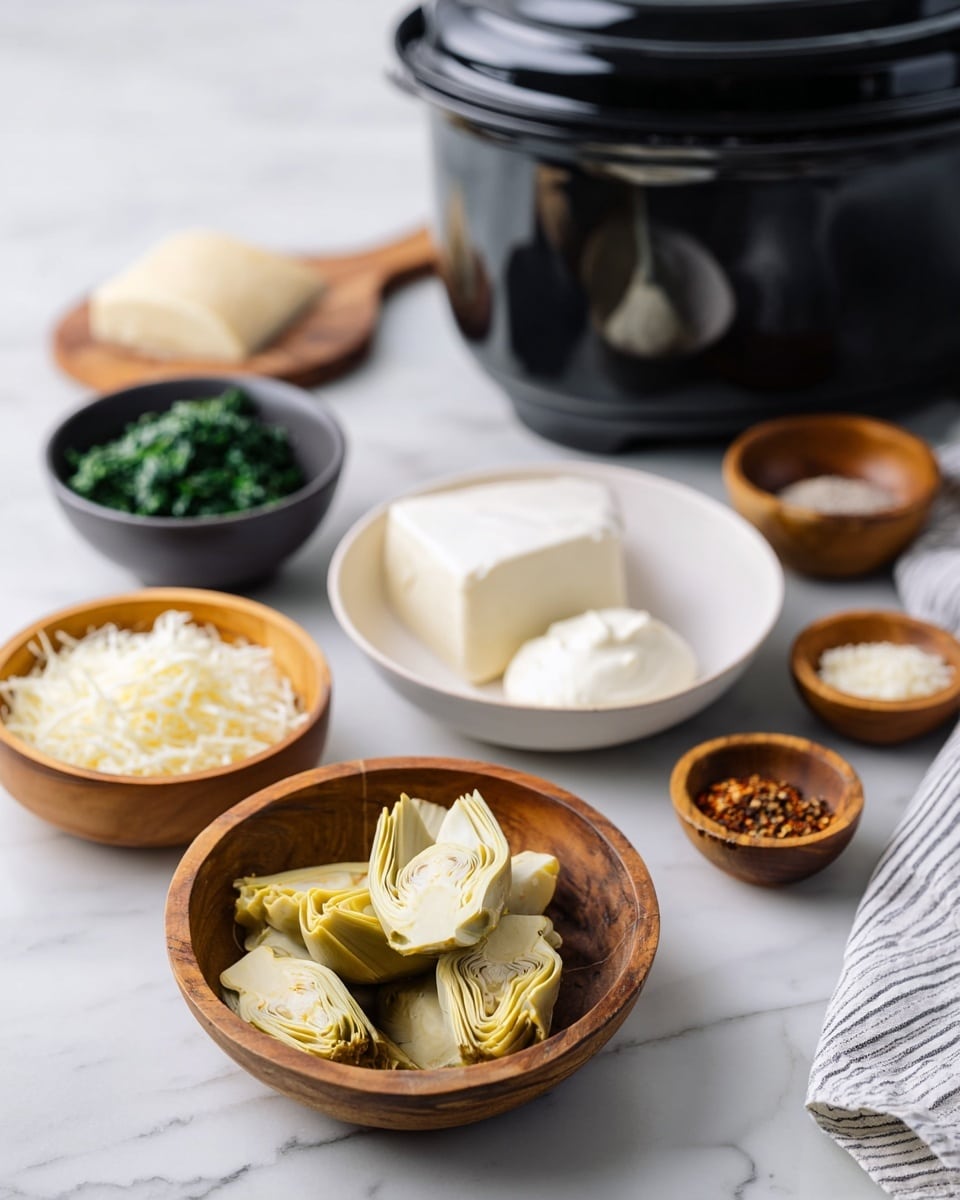 The image shows a layout of cooking ingredients on a white marbled surface, featuring a variety of small dishes and a slow cooker. In the foreground, a wooden bowl holds pale yellow artichoke hearts with a tender texture. Behind, a white bowl contains three layered items: a large white soft block, a smooth light beige creamy dollop on the left, and another white creamy dollop below it. To the left, three small bowls hold different ingredients: bright green chopped spinach in a wooden bowl, white shredded cheese in a black bowl, and small white grains in a wooden bowl. On the right side, a small wooden bowl holds a mix of spices in reddish-brown, white, and black colors. A black slow cooker with a shiny lid is located in the background, partially blurred. A striped cloth is placed at the bottom right corner. photo taken with an iphone --ar 4:5 --v 7
