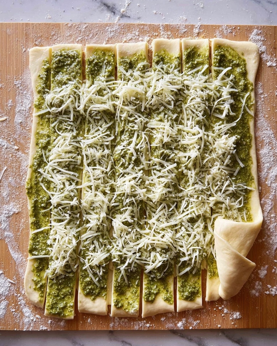 A large, rectangular flat dough spread on a wooden board dusted with flour shows a green pesto layer evenly spread over the entire dough surface. On top of this, white shredded cheese is scattered in a loose, uneven pattern. The dough is cut into long, narrow strips, with one strip at the bottom partially rolled up, giving a glimpse of the soft dough inside. The background is a white marbled texture. photo taken with an iphone --ar 4:5 --v 7
