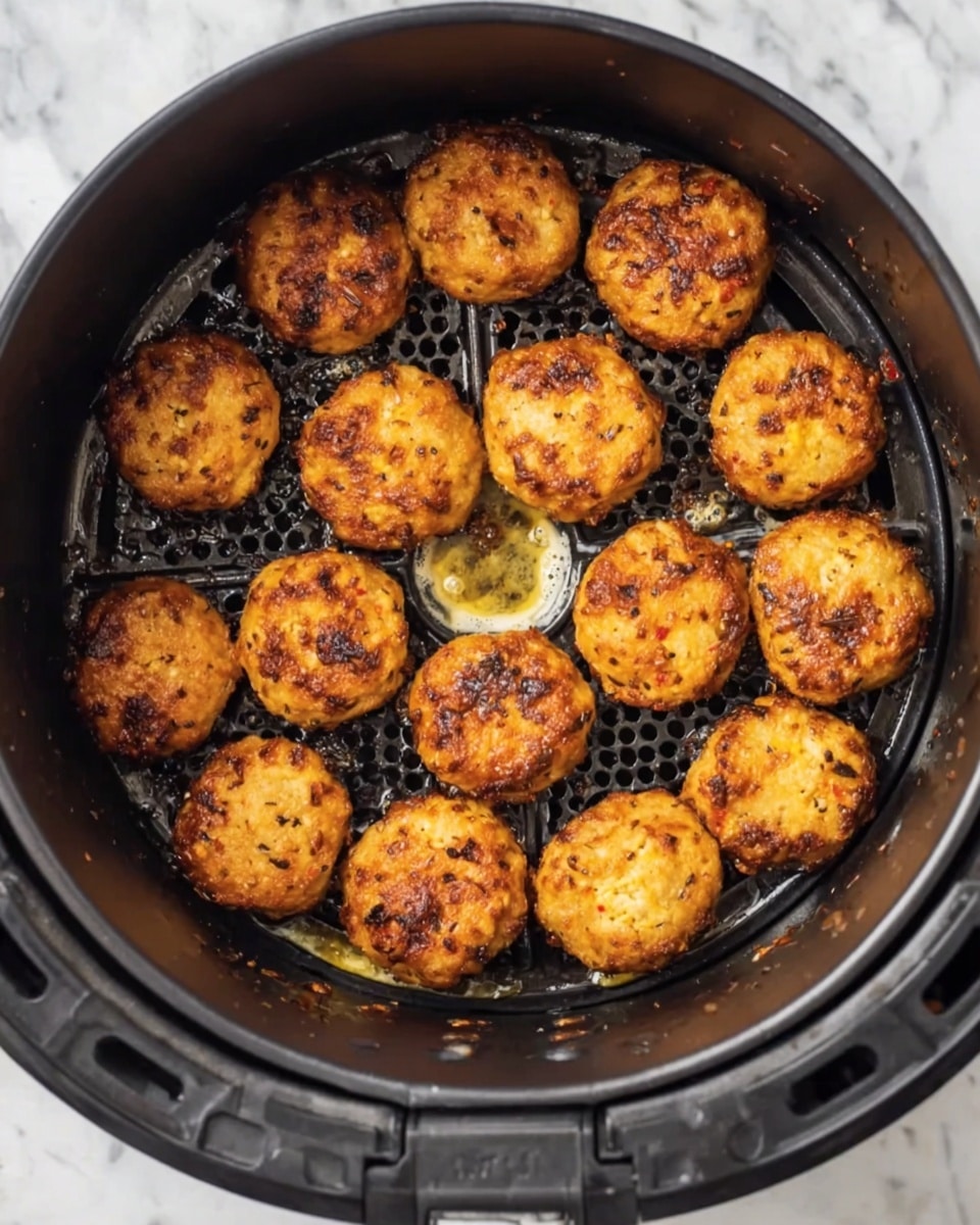 A black air fryer basket filled with about 18 round, golden-brown patties arranged in a loose circular pattern. The patties have a slightly uneven surface with some darker, crispy spots and small bits of seasoning visible. The basket has a perforated bottom showing some oil in the center, and the edges of the basket are smooth with cutout handles. The background is a white marbled texture. Photo taken with an iphone --ar 4:5 --v 7