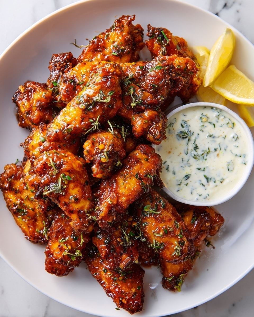 A white plate piled high with many crispy fried chicken wings covered in a shiny dark orange sauce, sprinkled with small green herbs on top. On the upper right side of the plate, there is a small white bowl with a creamy white dipping sauce that has green herb pieces in it. In the far back, two lemon wedges add a bright yellow color. The plate rests on a white marbled surface. photo taken with an iphone --ar 4:5 --v 7