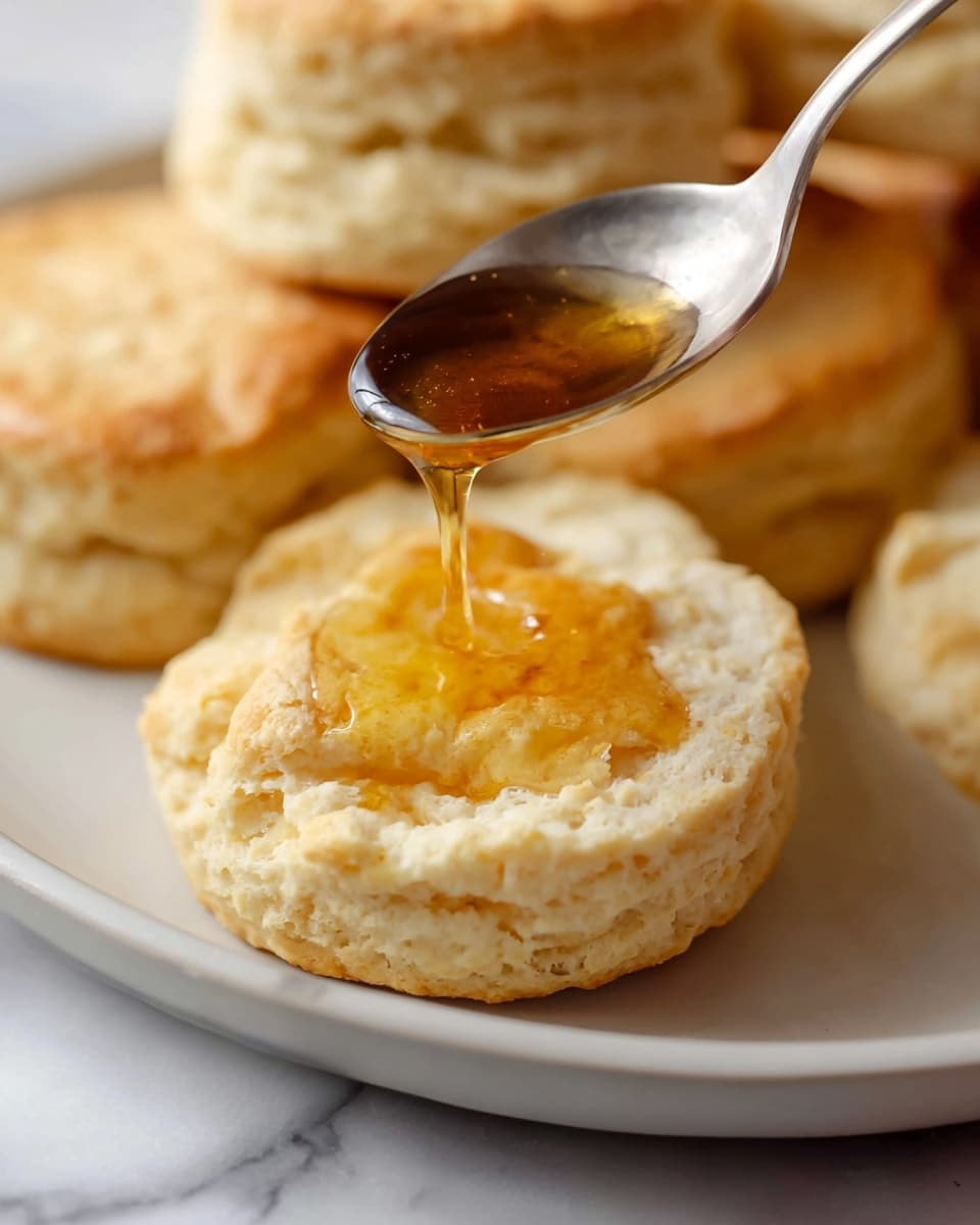 A close-up shows a golden syrup flowing gently from a spoon onto the bottom half of a split biscuit. The biscuit has a light, crumbly texture with a slightly crispy golden-brown surface. In the background, more whole biscuits are stacked, showing their soft, beige edges. The dish rests on a white plate placed on a white marbled surface. photo taken with an iphone --ar 4:5 --v 7