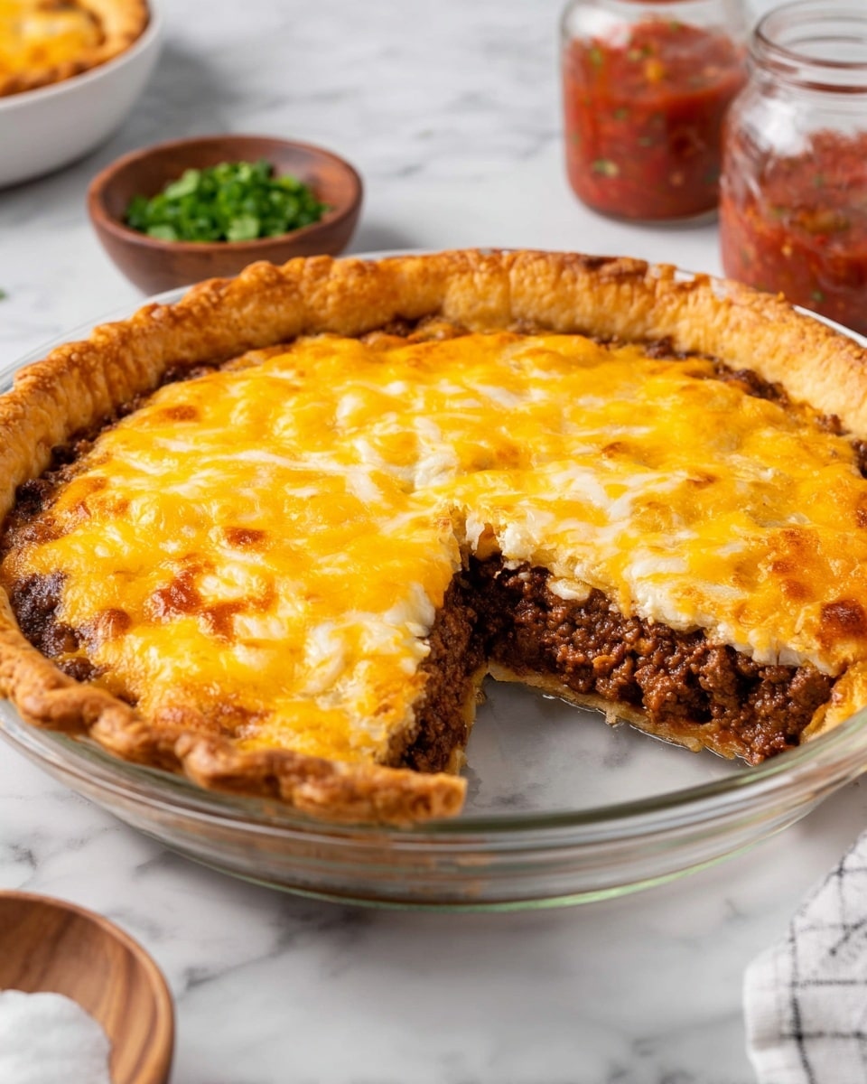 A baked pie in a clear glass dish with a thick, crimped golden-brown crust around the edge; the top layer is melted yellow and white cheese, slightly bubbly and browned in spots. One large wedge is removed, showing two inside layers: a bottom crust layer supporting a thick beef and onion filling with a rich brown color and chunky texture. The pie sits on a white marbled surface, with a small wooden bowl of chopped green herbs and a jar of red salsa blurred in the background. Photo taken with an iphone --ar 4:5 --v 7