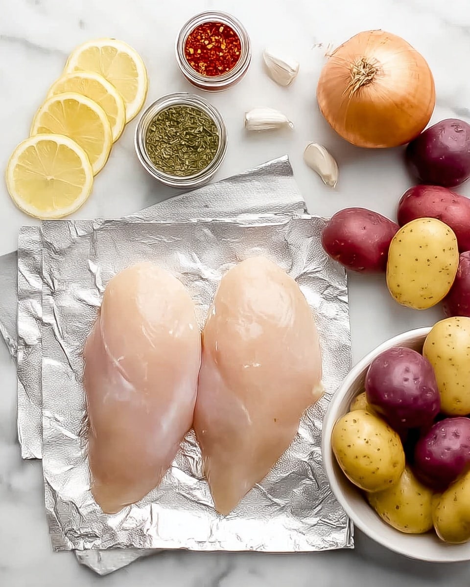 Two raw chicken fillets are placed side by side on a sheet of aluminum foil in the center of the image. To the left, three slices of lemon with pale yellow flesh and rinds sit on a white marbled surface, along with two small glass jars containing red and green seasonings. On the right side, a whole light brown onion and two garlic cloves rest beside a white bowl filled with small potatoes in yellow, purple, and red colors. The overall setting is on a white marbled surface, creating a clean and simple background. Photo taken with an iphone --ar 4:5 --v 7