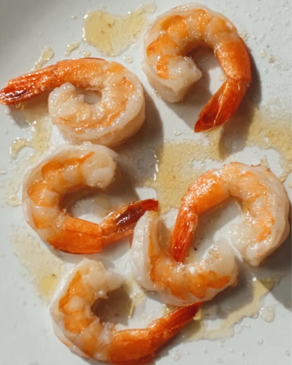 Five cooked shrimp are placed loosely on a white plate with a white marbled texture beneath. Each shrimp has a bright orange tail and a translucent white and light orange body with a slightly shiny, moist surface. The shrimp are arranged in a casual scattered pattern, some curving gently, surrounded by small droplets and streaks of oil or sauce that add a glistening effect to the plate. The background surface shows subtle wet spots and light reflections, emphasizing the fresh, cooked look. Photo taken with an iphone --ar 4:5 --v 7