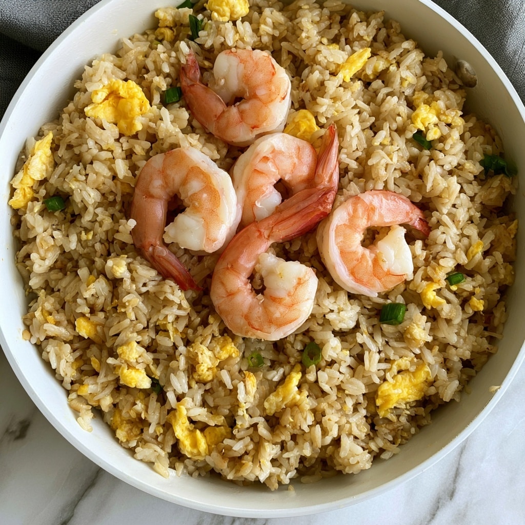 A close-up of shrimp fried rice in a white bowl on a white marbled surface, showing three main layers: the bottom layer is white rice mixed with bits of golden-yellow scrambled egg scattered throughout and small green onion pieces for color; the middle layer features large, curved shrimps with bright orange and white shells resting on top of the rice; the top layer is a white ceramic spoon holding a single shrimp with rice and egg pieces, positioned toward the center with a woman's hand barely visible holding the spoon. photo taken with an iphone --ar 4:5 --v 7