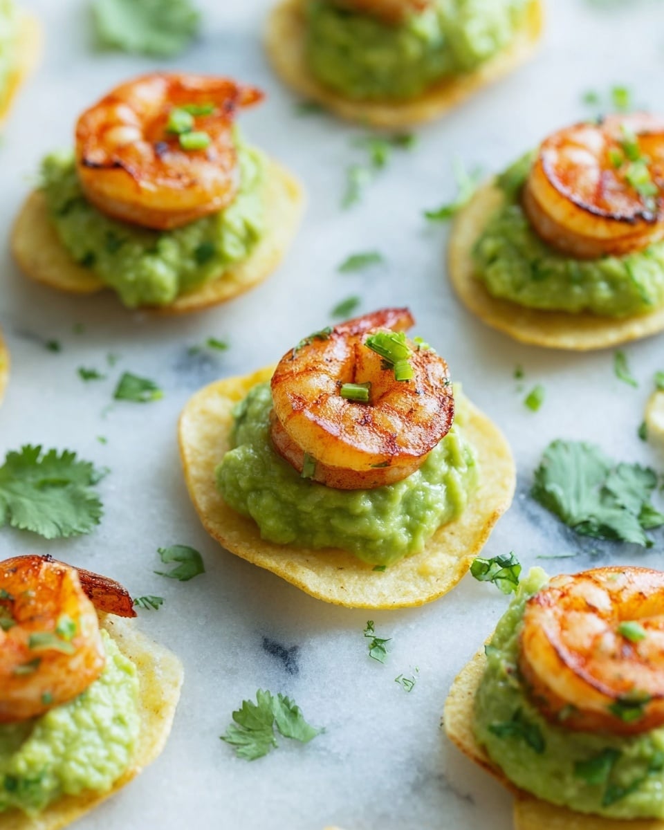 The image shows several small snacks arranged on a white marbled surface. Each snack has three layers: the bottom layer is a light yellow, thin, and crispy potato chip; the middle layer is a bright green, smooth, and creamy guacamole spread evenly over the chip; the top layer is a single orange shrimp with a slight char, curved and placed neatly on the guacamole. Tiny green herb pieces are sprinkled on top of the shrimp and guacamole, adding a touch of freshness. Fresh green cilantro leaves are scattered around the snacks for decoration. photo taken with an iphone --ar 4:5 --v 7