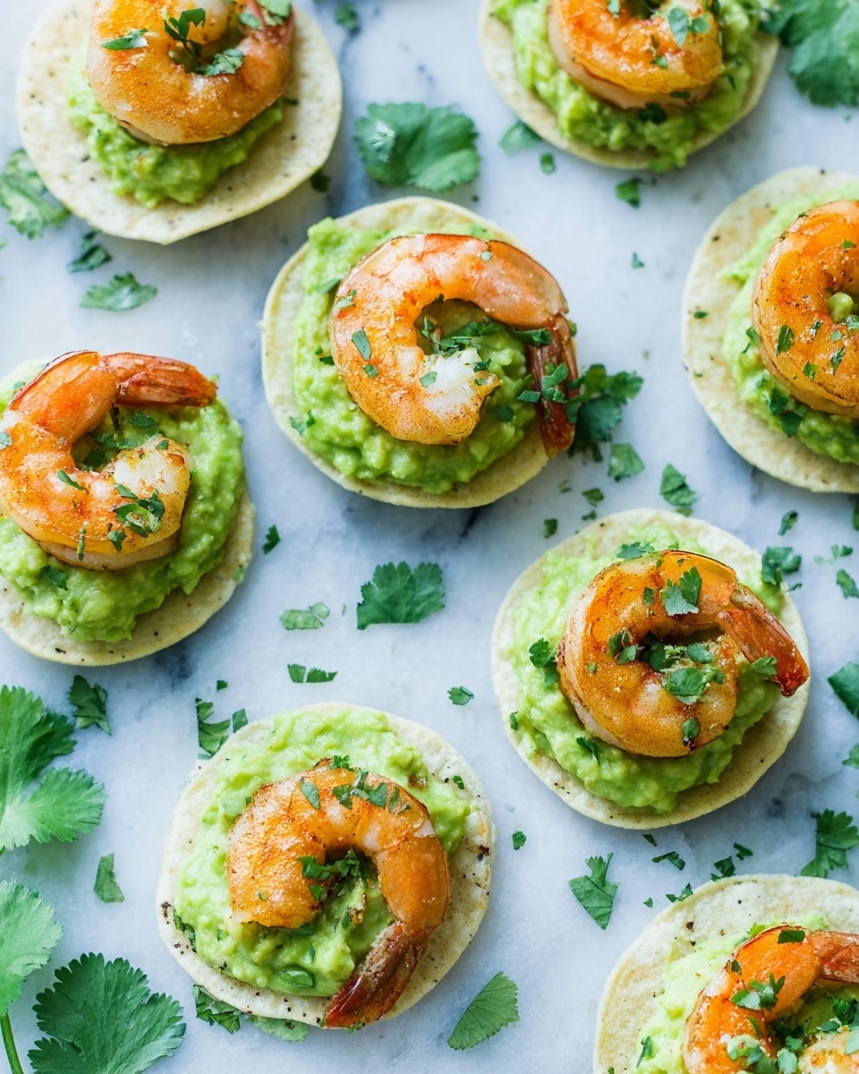 The image shows small round white tortilla chips as the base layer, each topped with a smooth green guacamole layer with slight texture and bits of herbs mixed in. On top of the guacamole, there is one cooked shrimp per chip, orange and slightly curled, with a light sprinkling of chopped green herbs. The chips and toppings rest on a white marbled surface, with fresh green leaves scattered around for decoration. Photo taken with an iphone --ar 4:5 --v 7