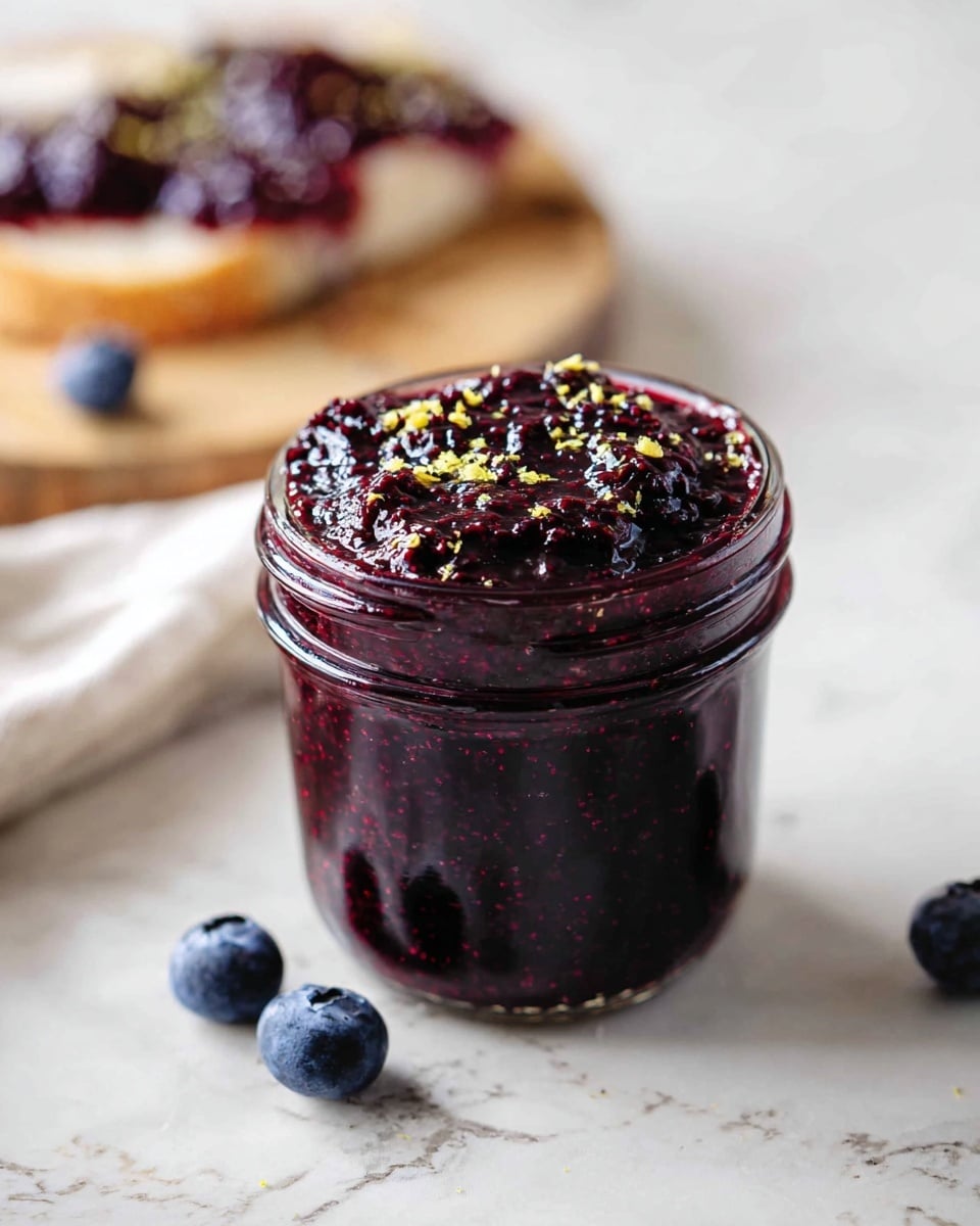 A clear glass jar filled with a thick, dark purple spread topped with tiny specks of yellow zest. The jar sits on a white marbled surface, with a few whole blueberries scattered nearby. In the background, there is a wooden board with a white cloth and a piece of bread smeared unevenly with the same purple spread, slightly blurred. The texture of the spread looks glossy and slightly chunky. Photo taken with an iphone --ar 4:5 --v 7