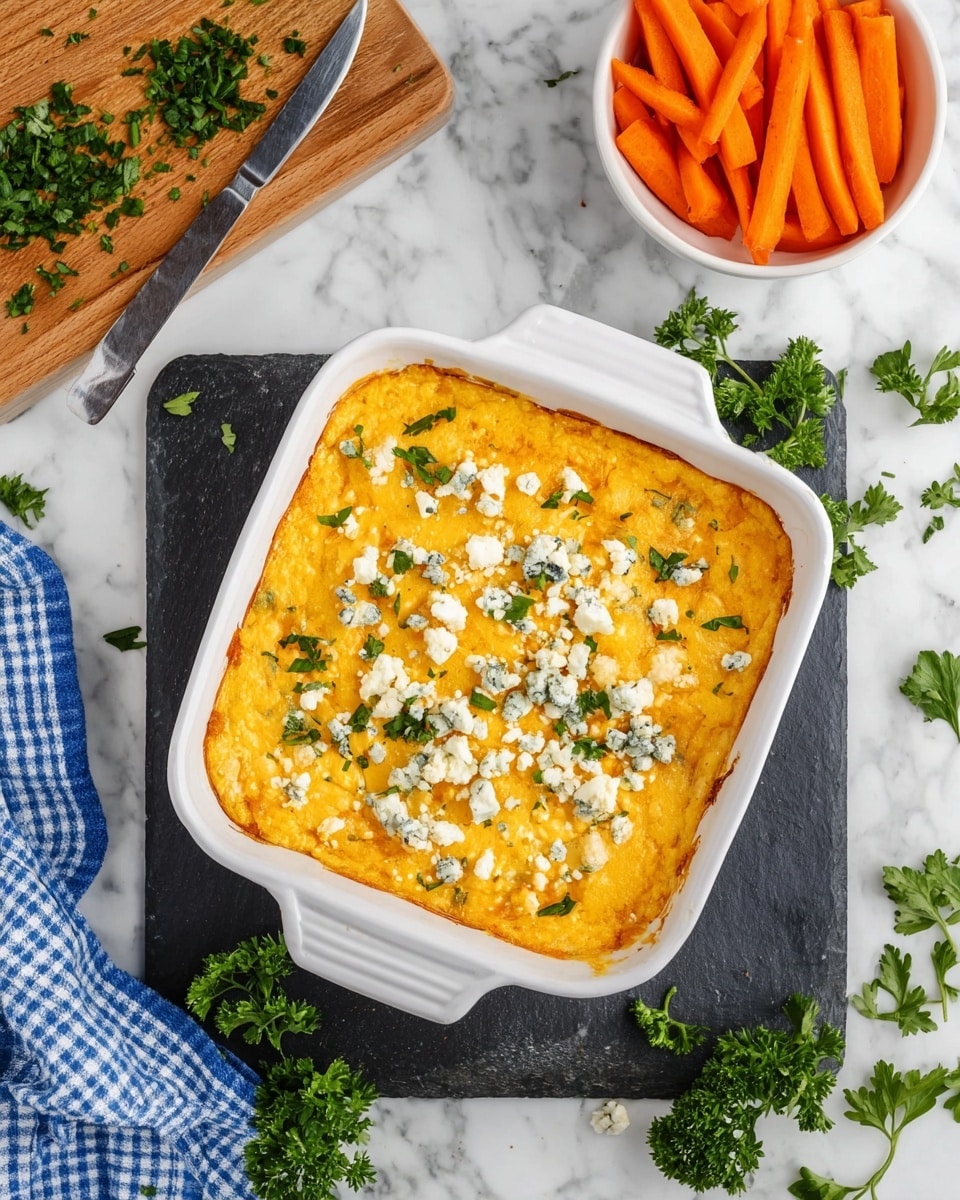 A white square baking dish filled with a golden yellow cheesy casserole topped with scattered white and blue cheese crumbles and fresh green parsley. The dish rests on a dark slate board placed on a white marbled surface. To the upper right, there is a white bowl filled with bright orange carrot sticks, and on the upper left, a wooden cutting board with chopped green parsley and a metal knife. Fresh parsley sprigs are scattered on the white marbled surface around the baking dish, and a blue and white checkered cloth lies partially visible at the bottom left corner. Photo taken with an iphone --ar 4:5 --v 7
