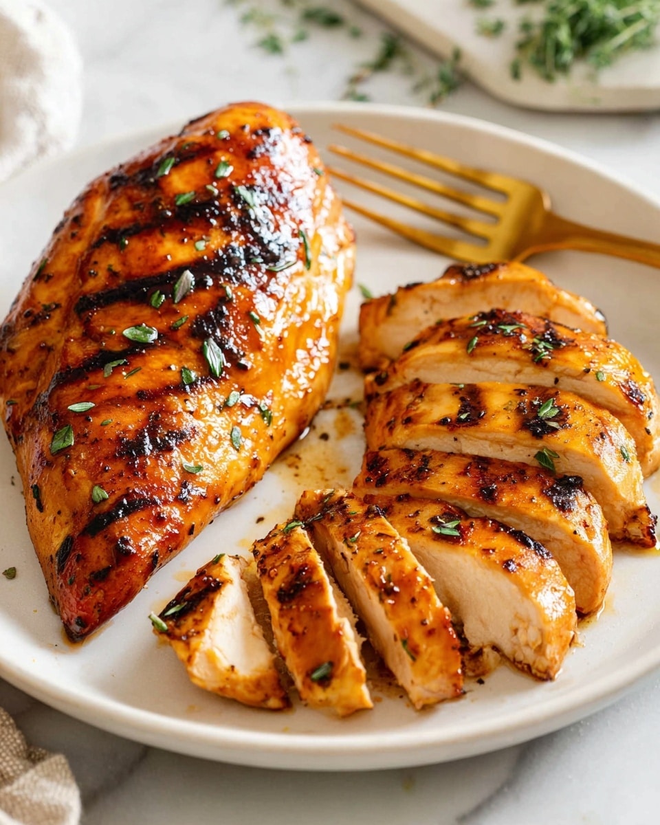 A white plate holds two pieces of grilled chicken with a golden brown color and a slightly shiny, glazed surface. The larger piece is whole, while the smaller piece is sliced into about five even pieces, showing the juicy, white inside. Both pieces have grill marks and are sprinkled with small green herb leaves and coarse black pepper. A gold fork rests behind the chicken on the plate. The setting is on a white marbled surface with some blurred green herbs in the background. photo taken with an iphone --ar 4:5 --v 7