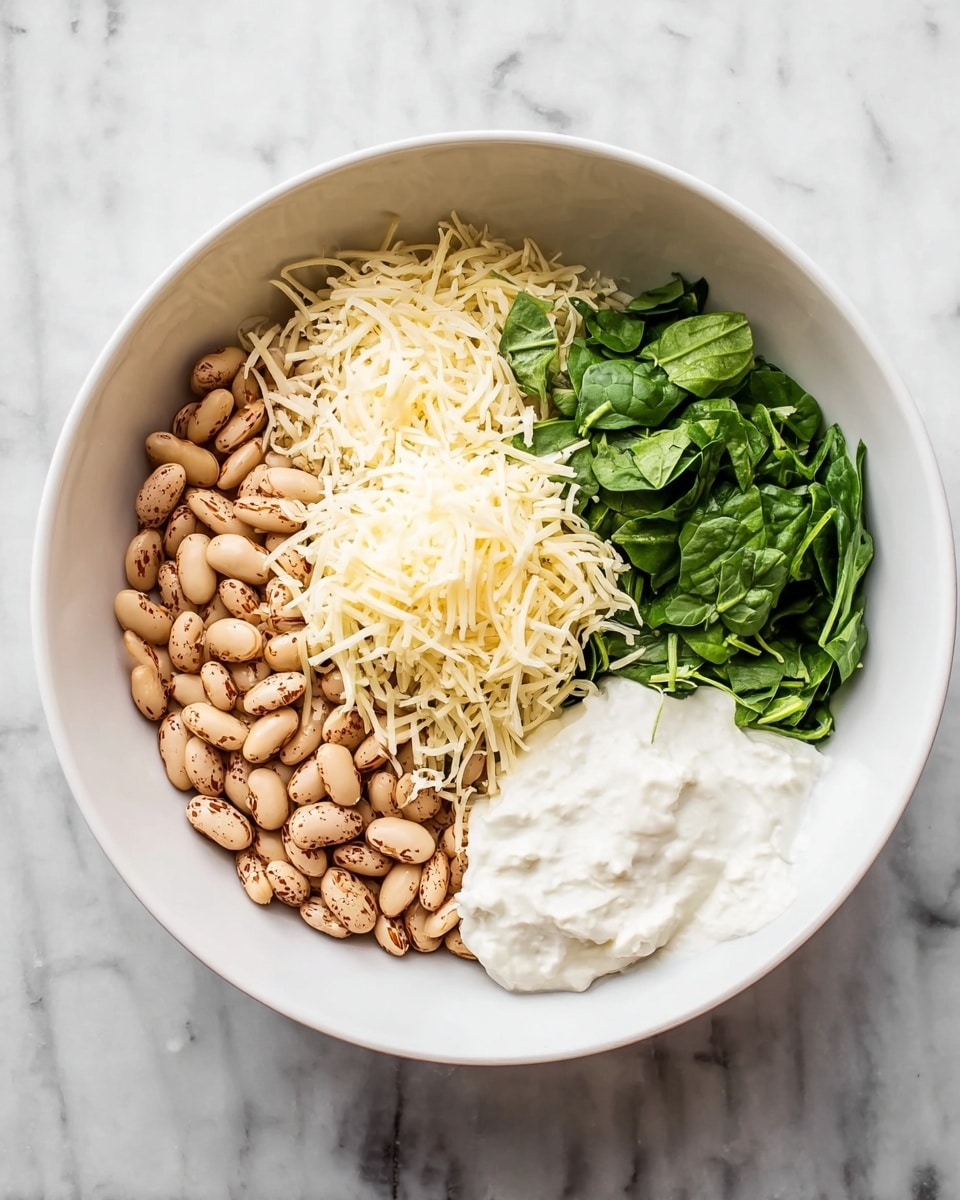 A white bowl sits on a white marbled surface, filled with four visible layers arranged side by side. On the left are light brown beans with specks of seasoning, next to them is a pile of finely shredded pale yellow cheese. To the right of the cheese, there is a bright white dollop of creamy sour cream, and next to it is a small pile of chopped fresh green spinach leaves. The ingredients are neatly placed without mixing. Photo taken with an iphone --ar 4:5 --v 7