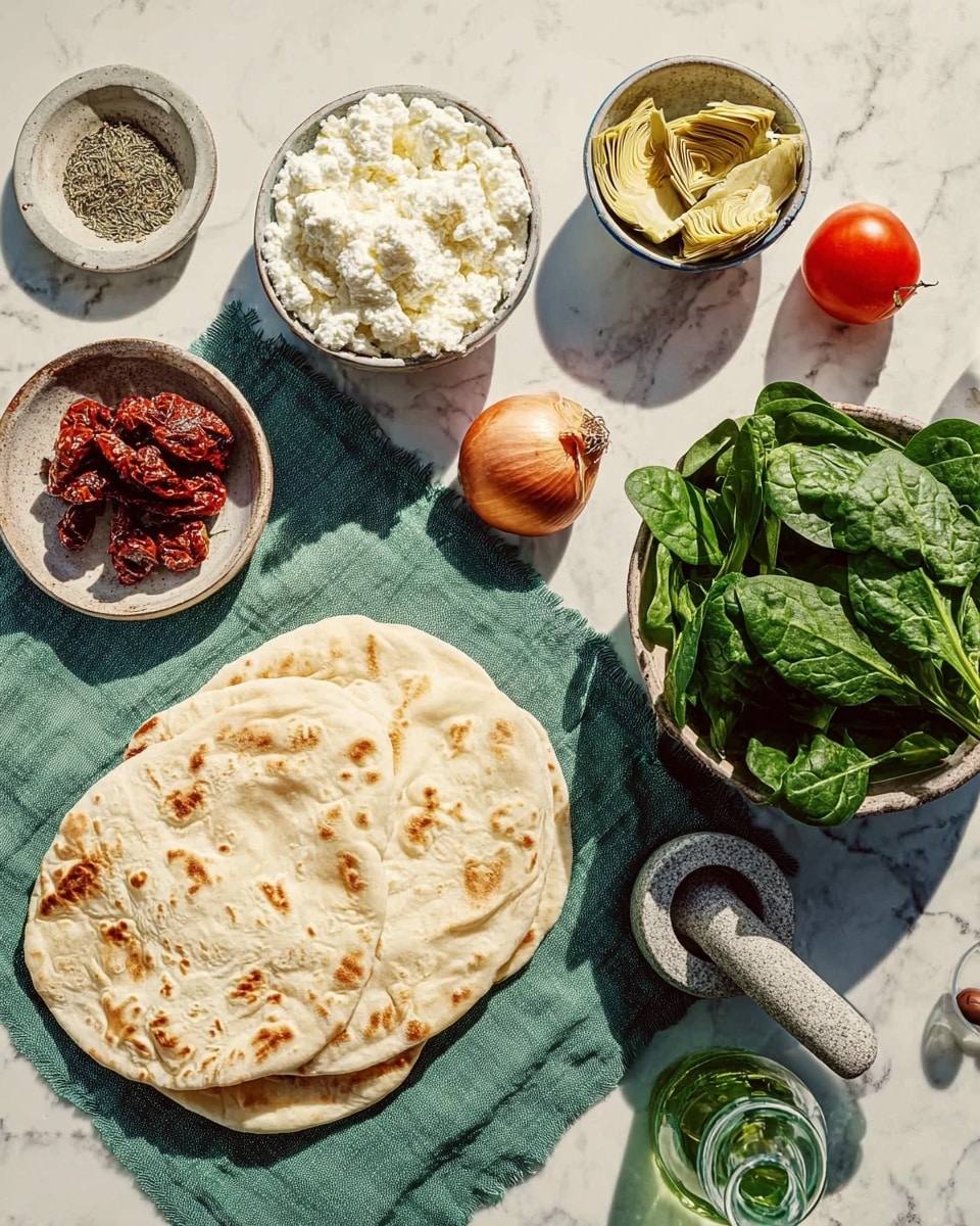 Two flatbreads with a light golden texture lie on a green cloth on a white marbled surface. To the right, a round white bowl holds fresh green spinach leaves with visible veins. Above it, a small white bowl contains light yellow artichoke hearts, and next to it, a white bowl is filled with soft white ricotta cheese. Another smaller white bowl nearby holds crumbled white cheese. Above these, there is an orange tomato and a brown shallot placed on the surface. Two small white plates hold dark red sun-dried tomatoes and shiny brown olives. A small stone mortar container with dried herbs is also present, and a green glass bottle with a metal spout sits near the flatbreads. The scene is bright with natural light, casting soft shadows. Photo taken with an iphone --ar 4:5 --v 7
