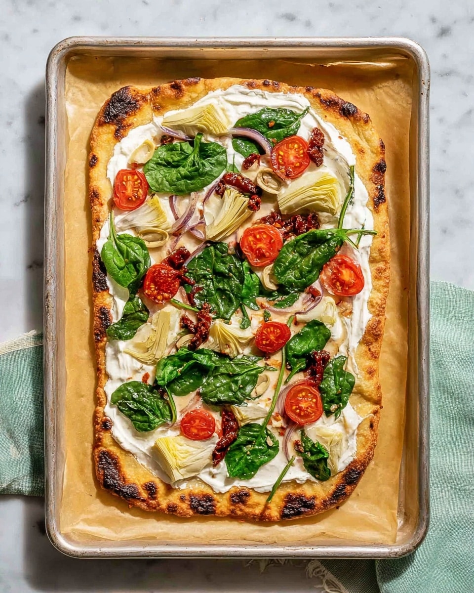 A rectangular flatbread pizza with a golden-brown crust that has some darker, toasted spots around the edges is placed on parchment paper inside a metal baking tray. The pizza has a thin layer of white creamy spread on top of the crust. On this layer, there are scattered fresh bright green spinach leaves, quartered red tomato wedges, pale creamy artichoke hearts, dark brown sliced olives, thin white onion strips, and a few pieces of dark red sun-dried tomatoes. The tray with the pizza is set on a white marbled textured surface with a light green cloth partially visible underneath. photo taken with an iphone --ar 4:5 --v 7