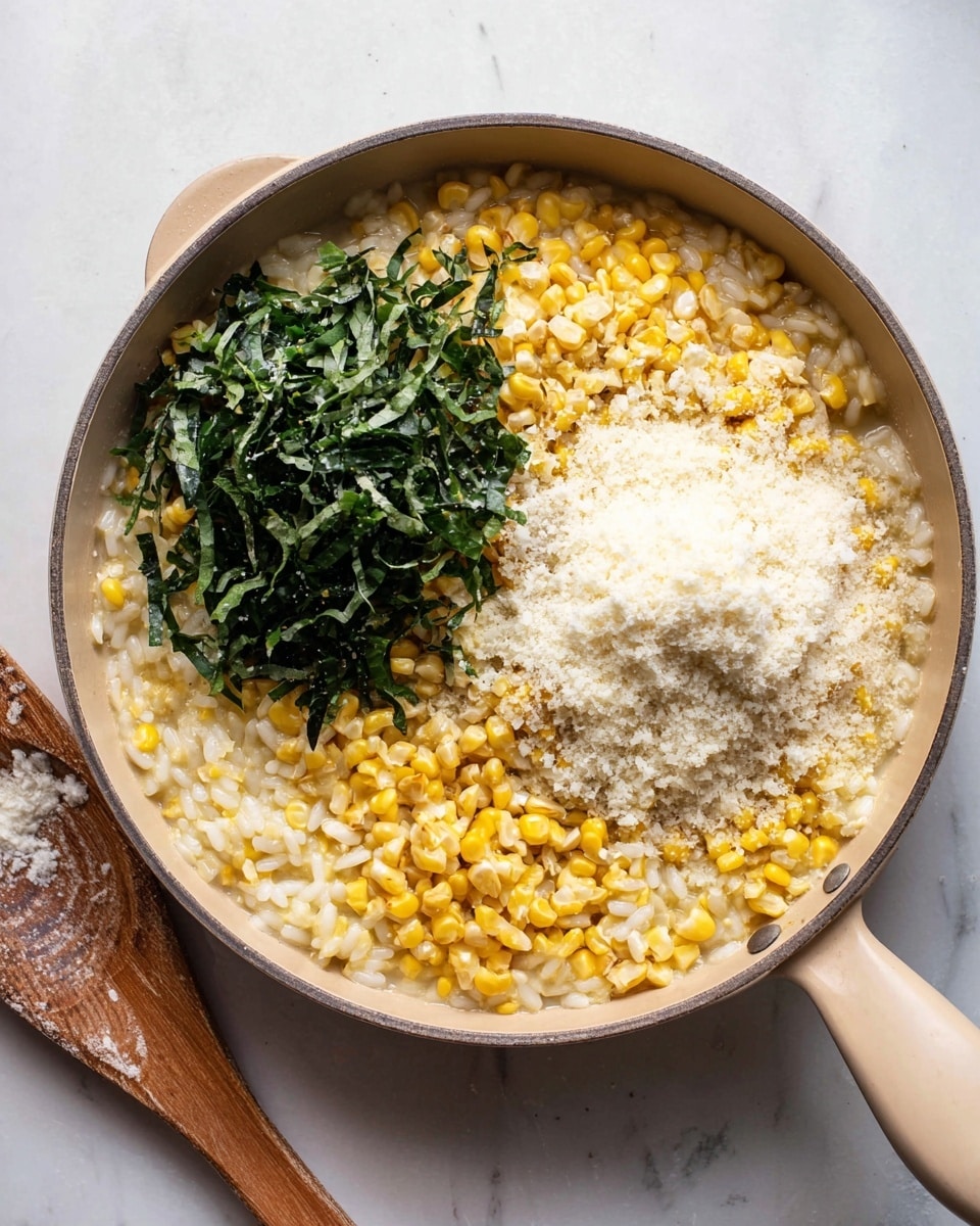A beige pan filled with a soft, yellowish risotto that has white rice grains and yellow corn kernels mixed in. On top of the risotto, there is a large pile of finely shredded dark green leaves placed to one side and a mound of white grated cheese next to the greens. The pan rests on a white marbled surface, and a wooden spoon with some food stains lies nearby. The scene is bright and simple, focusing on the textures and colors of the ingredients. photo taken with an iphone --ar 4:5 --v 7