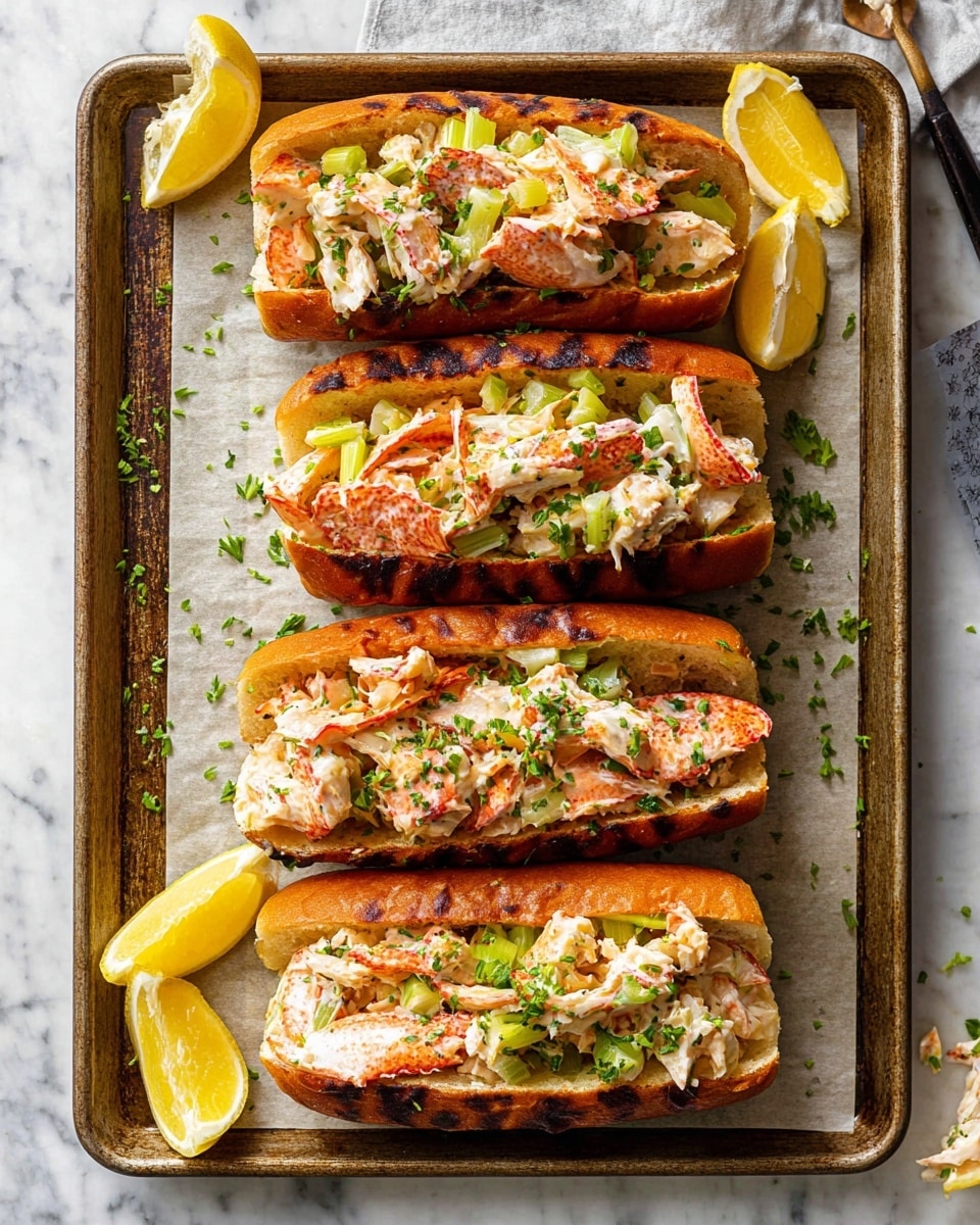 The image shows four toasted sandwich buns arranged vertically on a baking tray lined with parchment paper, placed on a white marbled surface. Each sandwich is filled with chunks of creamy lobster meat mixed with finely chopped celery and fresh green herbs, creating a mix of white, orange, and green colors. The buns have a golden brown color with some darker toasted lines on the surface. On the left and right sides of the tray, there are several lemon wedges with a bright yellow color. Green herb sprinkles are scattered around the tray, adding fresh color contrast. Photo taken with an iphone --ar 4:5 --v 7