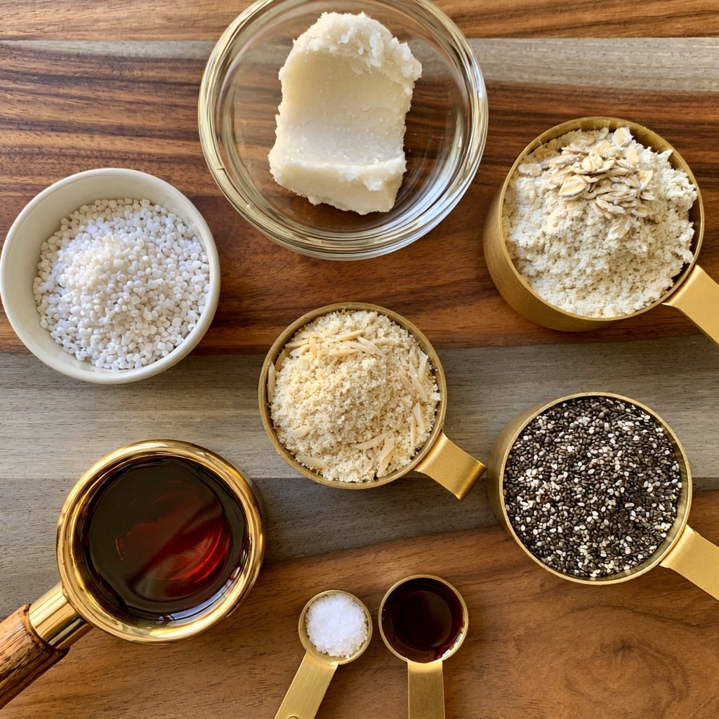 A flat lay image shows six ingredients arranged on a white marbled textured surface. Starting from the top left, there's a small round wooden bowl with white flaky sea salt gems. To its right is a clear glass measuring cup filled with white milk. Below the salt, there are two brown paper pudding mix packets overlapping each other. Next to them, on the right, is a stack of four rectangular packs of golden-brown graham crackers wrapped in plastic. At the bottom left is a white bowl filled with smooth, thick white whipped topping. To the right of this bowl is another white bowl filled with dark brown chocolate chips, showing a glossy texture. Each item is labeled with white uppercase text. Photo taken with an iphone --ar 4:5 --v 7
