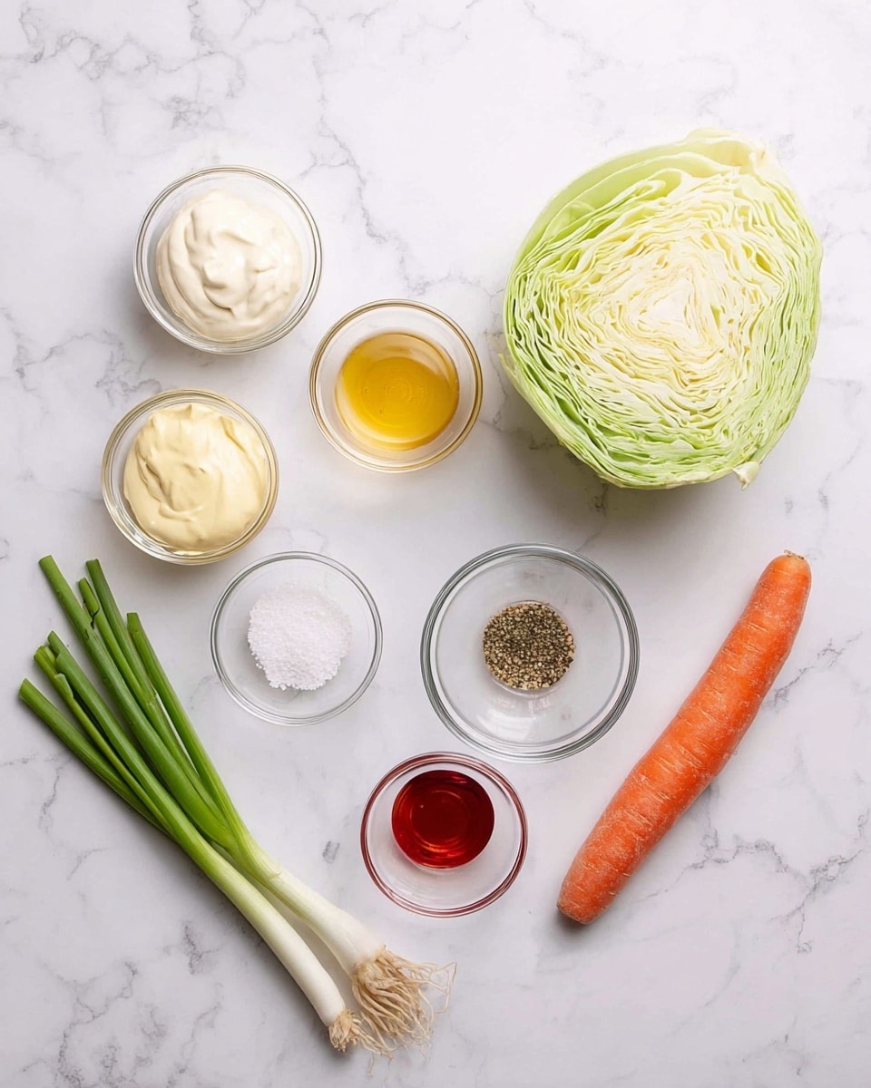 The image shows ingredients arranged neatly on a white marbled surface. From the top left, there are two small glass bowls, one filled with white mayonnaise and the other with a yellow mustard sauce. To the right, half a green cabbage with layers visible sits next to a bunch of fresh green onions with white roots. Below, there is a small orange carrot lying horizontally. Around these, there are four small empty or partly filled glass bowls: one with a golden liquid, another with white salt, a third with mixed black pepper, and the last with a reddish liquid. The colors contrast well with the clean white marbled background. photo taken with an iphone --ar 4:5 --v 7
