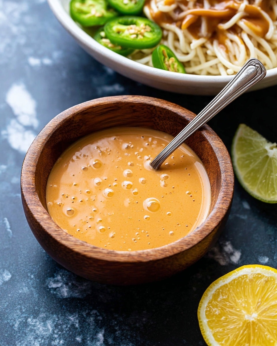 A close-up view of a wooden bowl filled with thick, light orange sauce that has small bubbles on the surface, with a silver spoon resting inside it. Behind it, there is a white bowl with noodles layered at the bottom, some brown sauce on top, green jalapeño slices, and a quarter of a bright green lime placed on the right edge. Next to the bowls is a squeezed half of a yellow lemon. All items are placed on a dark blue surface with a white marbled texture in the background. Photo taken with an iphone --ar 4:5 --v 7