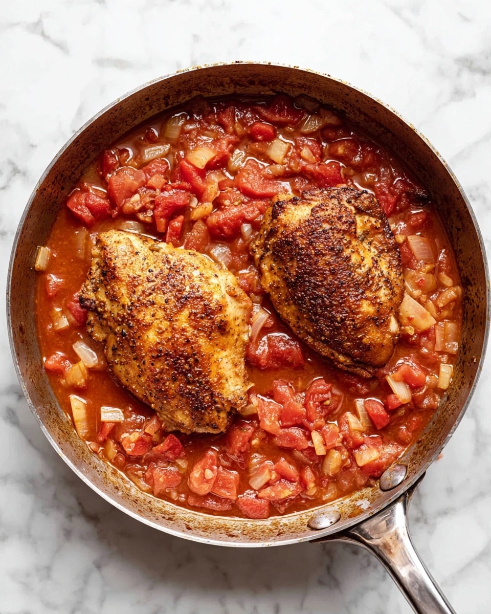 The image shows two browned pieces of cooked chicken on top of a thick tomato sauce in a silver pan with a handle on a white marbled surface. The tomato sauce is chunky, with visible pieces of red tomatoes and diced onions, creating a mix of red and light golden colors underneath the chicken. The chicken has a textured, slightly charred surface with a golden-brown color, sitting side by side in the middle of the pan. The pan is round and made of metal, with a reflective surface and a curved handle on the right side. Photo taken with an iphone --ar 4:5 --v 7