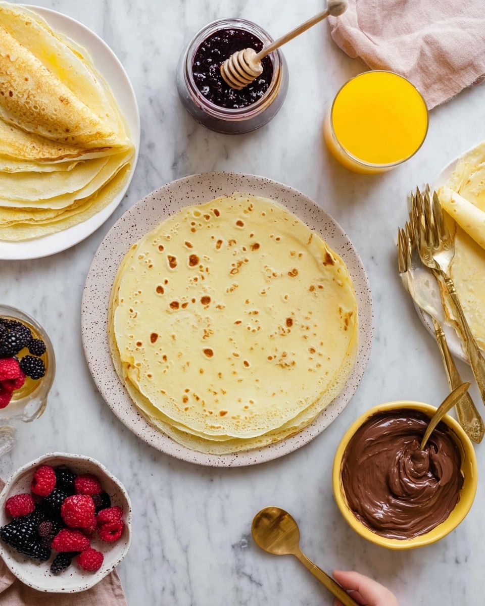 The image shows a top view of a breakfast spread on a white marbled surface. In the center is a stack of pale yellow crepes with light brown spots on a speckled off-white plate. To the left, a white plate holds folded crepes layered yellow and light brown in color. Above the stack of crepes is a small bowl of dark purple jam with a spoon resting in it, and beside the bowl is a jar of honey with a wooden dipper. A glass of bright orange juice sits above the plate with folded crepes, accompanied by a white plate holding more folded light yellow crepes with golden spots, and a woman’s hand holding a gold fork and knife. At the bottom right, a small yellow bowl filled with glossy chocolate spread has a spoon in it. At the bottom left, a small white bowl contains fresh raspberries and blackberries. Photo taken with an iphone --ar 4:5 --v 7