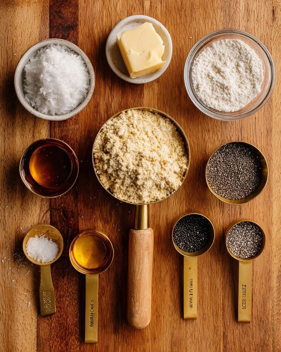 The image shows seven small containers with different ingredients arranged on a wooden surface. At the center, there is a small gold measuring cup filled with light beige almond flour. Above it is a clear glass bowl with a solid off-white scoop of coconut oil. To the left, a white small bowl holds white tapioca flour, while to the right, a gold measuring cup contains oat flour with a light cream color. Below, on the left side, a gold measuring cup with a wooden handle holds dark amber maple syrup, and on the right, a gold measuring cup is filled with tiny black and white chia seeds. At the bottom center, two small gold measuring spoons hold white salt and dark brown vanilla extract. Each container is labeled with black text on white strips placed near them. Photo taken with an iphone --ar 4:5 --v 7