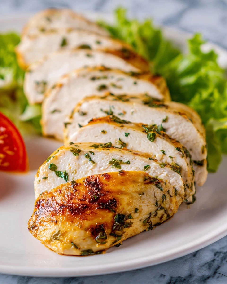 The image shows a white plate with five slices of cooked white meat chicken arranged in a slightly overlapping line from top left to bottom right. The outer edges of the slices have a light golden brown color with green herb specks scattered on top. In front of the slices, a larger piece of whole cooked chicken breast with golden brown skin and green herbs is placed. To the side of the plate, there is a bit of green leafy lettuce and a small portion of sliced tomato. The plate is set on a white marbled surface. photo taken with an iphone --ar 4:5 --v 7
