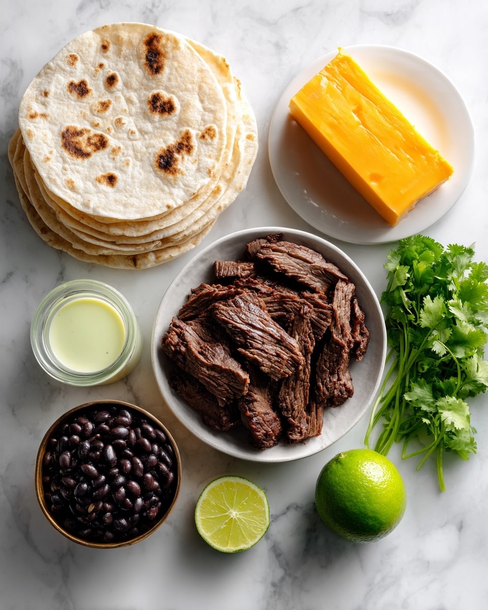 A top view of several food items arranged on a white marbled texture. In the center, there is a white bowl filled with grilled dark brown pieces of flank steak. Above the steak is a small stack of light beige tortillas with brown spots. To the right of the tortillas, there is a white plate with a block of orange cheddar cheese. Below the steak, a small bright green whole lime is placed. To the left of the lime, a brass-colored cup holds black beans with a glossy texture. To the left of the black beans, there is a small clear glass filled with a light green creamy dipping sauce. To the right of the lime, some fresh green cilantro leaves are arranged. photo taken with an iphone --ar 4:5 --v 7