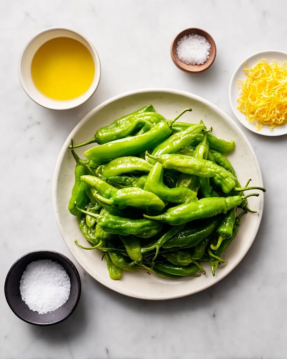 A large white plate filled with about two layers of fresh, shiny green peppers piled loosely in the center, each pepper smooth and slightly curved. To the left side of the plate, there is a white bowl filled with golden yellow oil above a small black bowl holding coarse white sea salt. On the right side, a small white plate contains a loose pile of finely shredded yellow zest. All these items are set on a white marbled surface with soft natural light. photo taken with an iphone --ar 4:5 --v 7