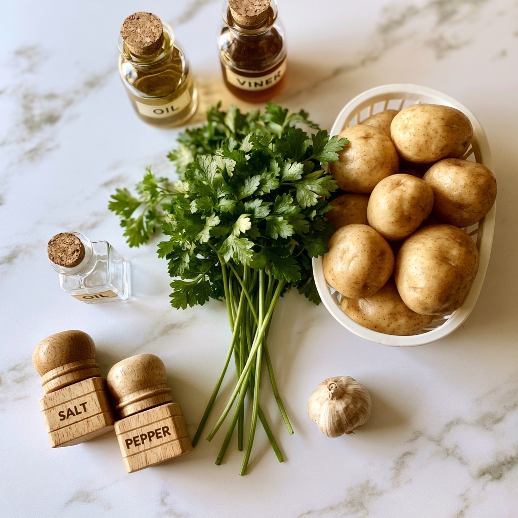 A top view of several raw ingredients arranged on a white marbled surface: a bunch of fresh green parsley with long stems placed near the center, to its right a white basket filled with smooth, light brown potatoes, below and slightly right of the basket is a small whole bulb of garlic, on the left side near the bottom are two wooden shakers labeled salt and pepper, above those is a small transparent glass bottle with a cork labeled oil, and above that bottle is another transparent glass bottle with a cork containing brown vinegar. Each item is clearly separated and labeled. Photo taken with an iphone --ar 4:5 --v 7