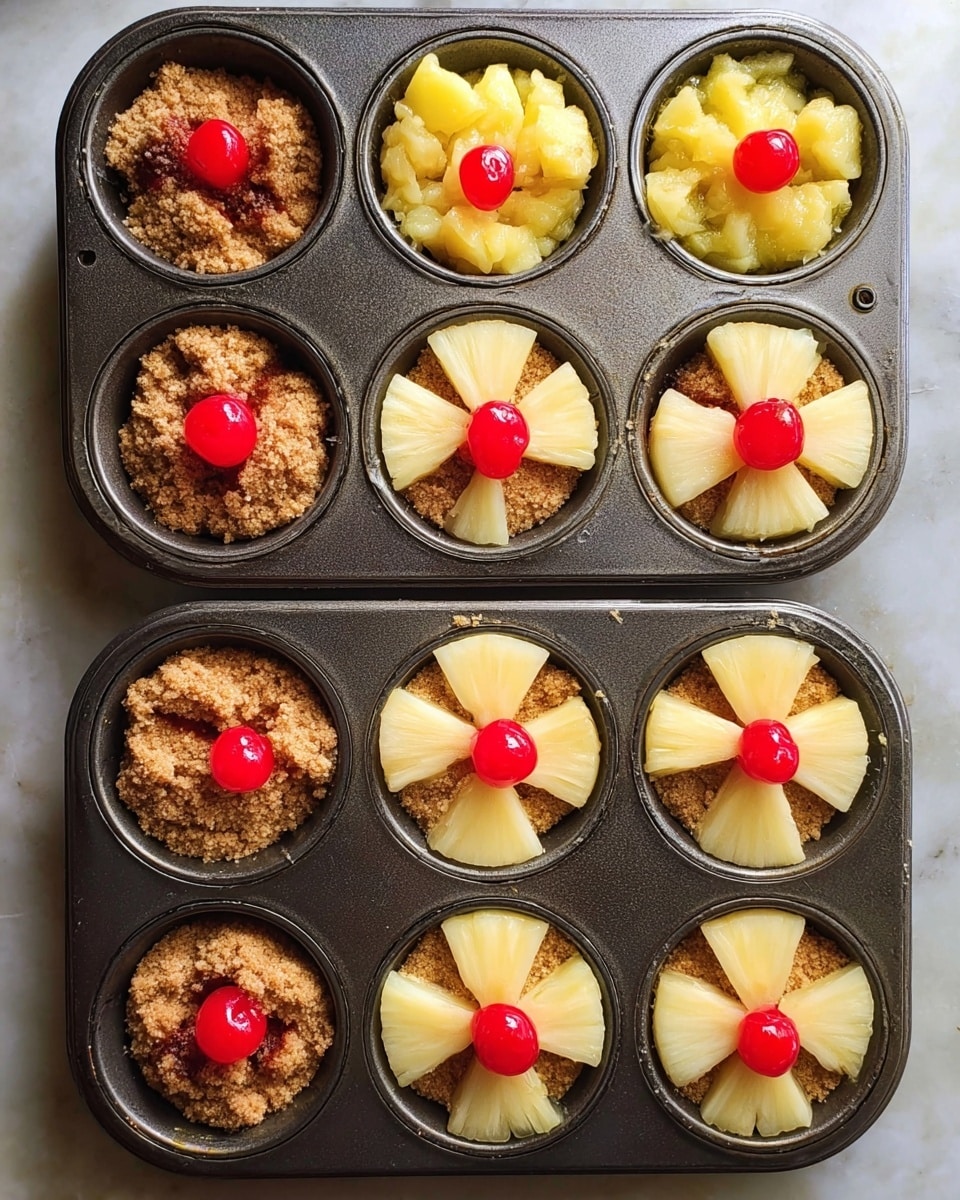 The image shows a close-up of several upside-down mini cakes arranged on a gray baking tray placed on a white marbled surface covered by a blue cloth. Each mini cake has two main layers: the base layer is light golden brown and textured like a soft cake, while the top layer is a glossy mix of small orange pineapple chunks and a bright red cherry right in the center. The pineapple pieces look juicy and slightly caramelized, adding a shiny and sticky look on the surface of the cakes. The cakes are round and evenly spaced on the tray, showing a neat and appealing presentation. photo taken with an iphone --ar 4:5 --v 7