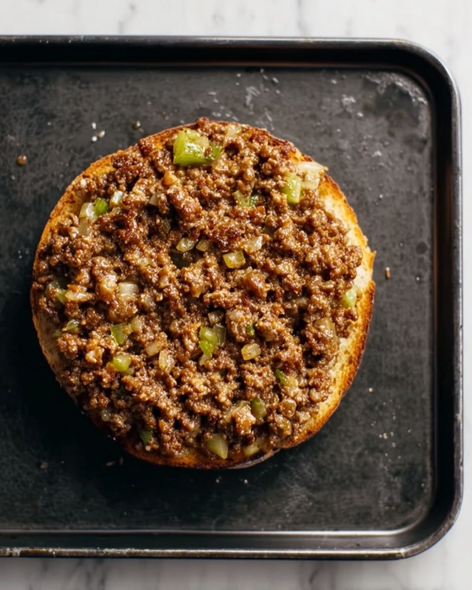 A single round piece of toast lies on a dark baking tray, topped with a thick layer of brown minced meat mixed with small pieces of green peppers and onions. The meat mixture looks moist and chunky, evenly spread across the entire surface of the toast. The toast underneath is golden brown and slightly visible around the edges. The baking tray sits on a white marbled surface. Photo taken with an iphone --ar 4:5 --v 7