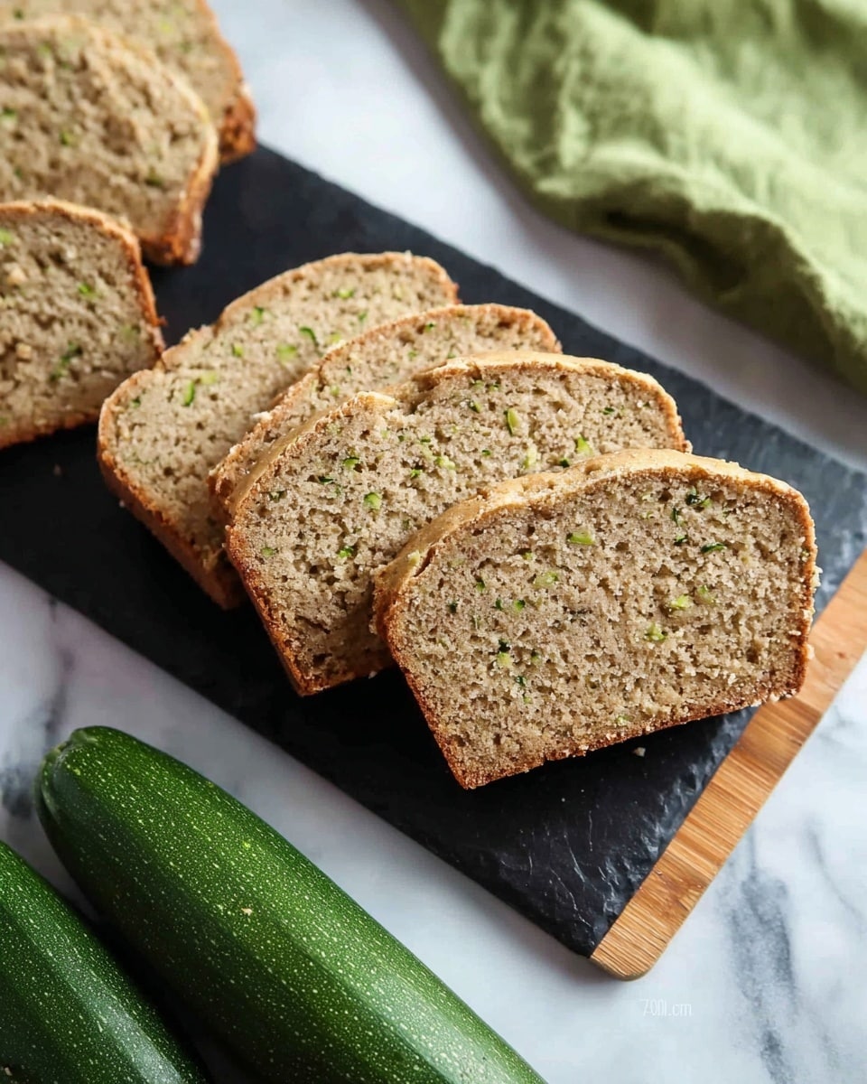 Five slices of light brown zucchini bread with small green flecks inside are arranged in a slightly overlapping row on a rectangular black slate board with a wooden edge, placed on a white marbled surface. Next to the board, two whole green zucchinis lie side by side at the bottom left corner, while a few more slices of the same bread are visible on the top left corner. In the background, there is a wrinkled green cloth slightly out of focus. The texture of the bread looks soft and moist with a rough crust. Photo taken with an iphone --ar 4:5 --v 7
