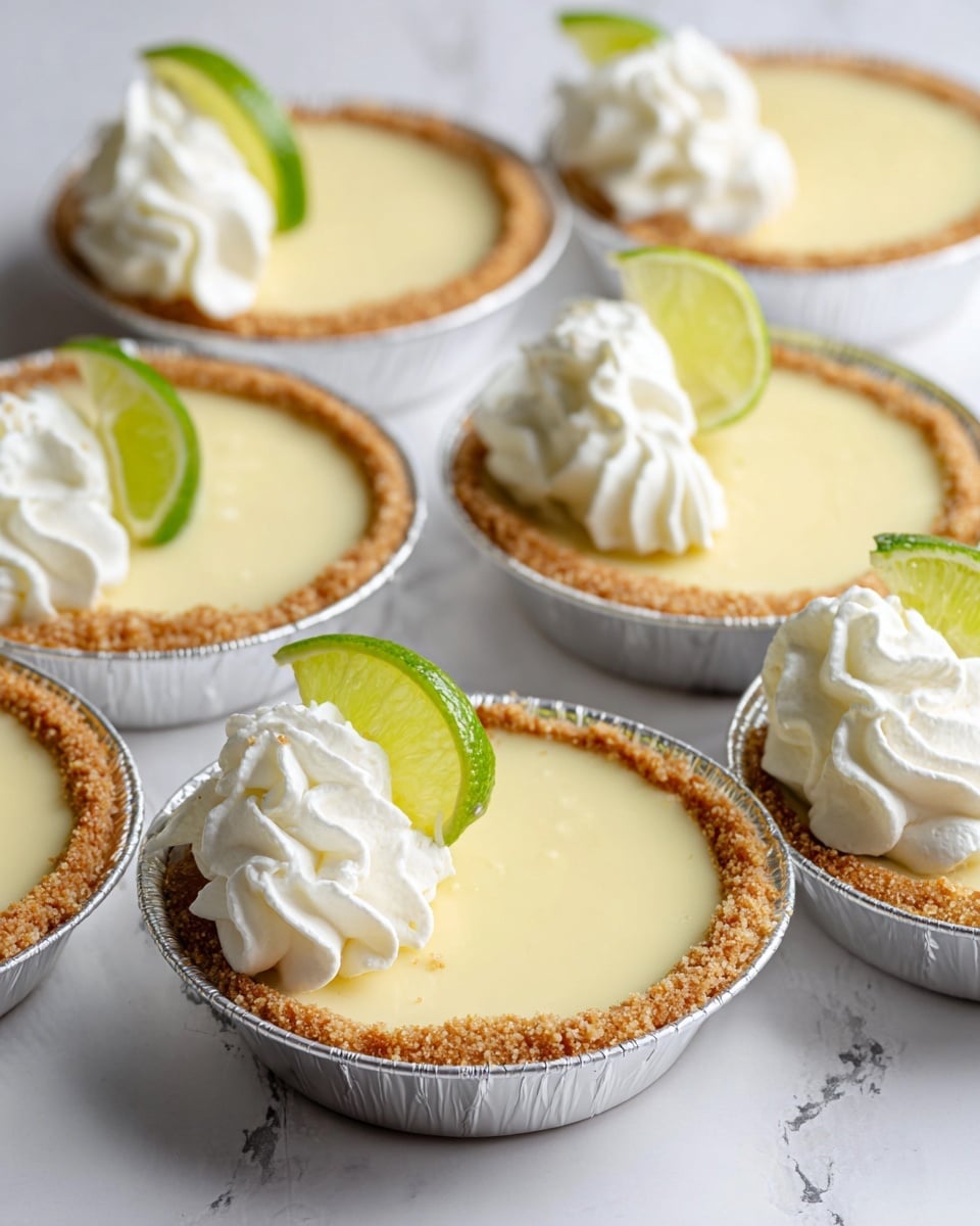 The image shows several small pies in shiny silver foil cups placed on a white marbled surface. Each pie has three visible layers: the bottom layer is a light brown crumbly crust, the middle layer is a smooth, pale yellow filling, and the top layer has three small swirls of white whipped cream placed side by side near the rim. Each pie is decorated with a small green lime wedge inserted between the whipped cream swirls. The pies are close together, filling the frame with soft natural light highlighting their textures. Photo taken with an iphone --ar 4:5 --v 7