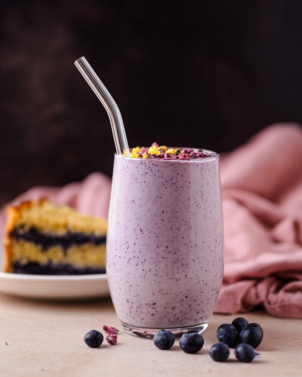 A clear glass filled with a thick, light purple smoothie speckled with darker purple bits. The top layer has small yellow and dark pink pieces scattered on the surface. A clear bent glass straw is placed inside the smoothie, leaning to the right. The glass sits on a light beige surface with a few dark blue blueberries scattered around its base. In the background, there is a white plate with a slice of yellow and dark purple layered cake, partially blurred. The backdrop includes a soft pink cloth and a dark, almost black background above. photo taken with an iphone --ar 4:5 --v 7