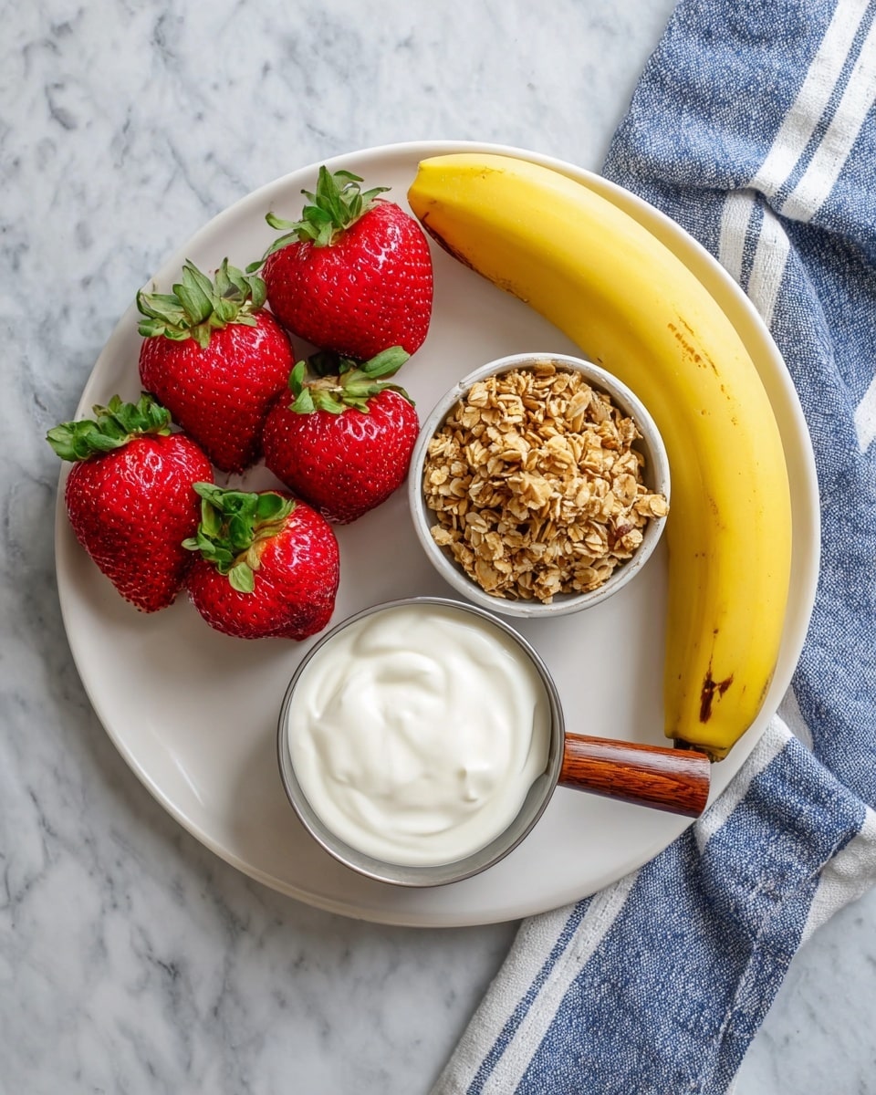 A white plate with a bunch of red strawberries with green leaves on the left side, a yellow banana with some brown spots on the top right, a small white bowl filled with light brown granola on the bottom right, and a metal cup with a wooden handle filled with thick white yogurt placed bottom left. The plate is on a white marbled surface with a blue and white striped cloth peeking from under the plate. photo taken with an iphone --ar 4:5 --v 7