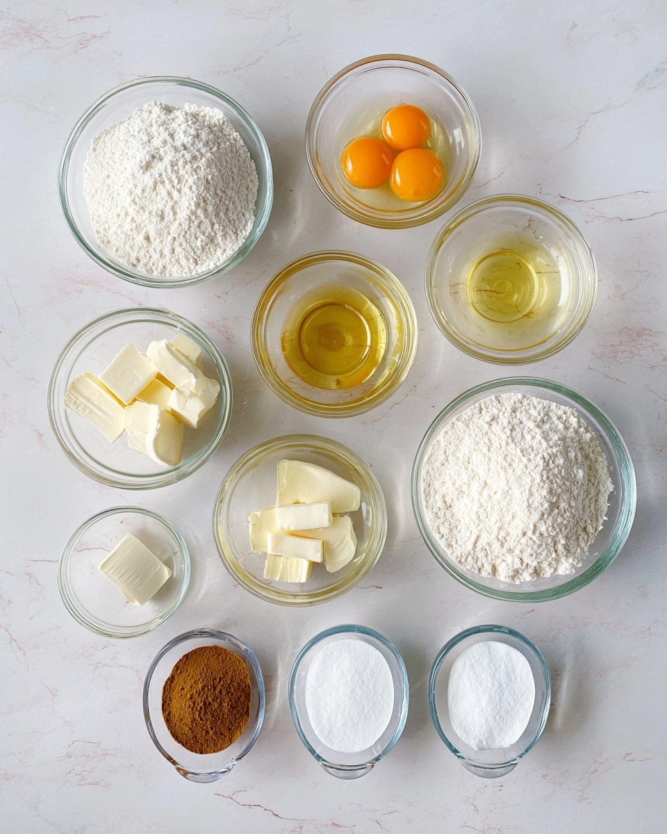 The image shows nine clear glass bowls arranged in three rows on a white marbled surface. The top row has three larger bowls filled with white flour, white sugar, and two eggs with orange yolks in clear liquid. The middle row has three medium bowls containing a light golden liquid, a smaller amount of clear liquid, and white sticks of butter. The bottom row has three small oval bowls filled with brown powder, white salt, and white powder. The bowls are neatly spaced and the overall setup looks clean and organized. Photo taken with an iphone --ar 4:5 --v 7