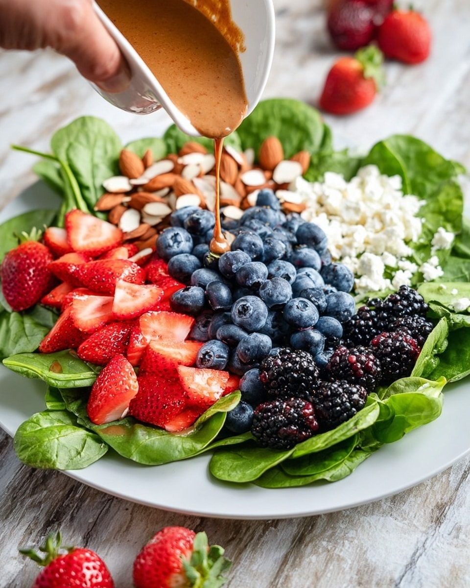 A white plate is filled with a fresh salad that has three main layers: a base layer of vibrant green spinach leaves, a middle layer of bright red sliced strawberries on the left, deep blue blueberries scattered mostly in the center, and black blackberries on the right, and a top layer of white crumbly cheese and light brown whole almonds spread evenly across the salad. A woman's hand is pouring thick, creamy brown dressing from a small white bowl onto the blueberries in the center. The plate sits on a white marbled surface, with a few loose berries around the plate. photo taken with an iphone --ar 4:5 --v 7