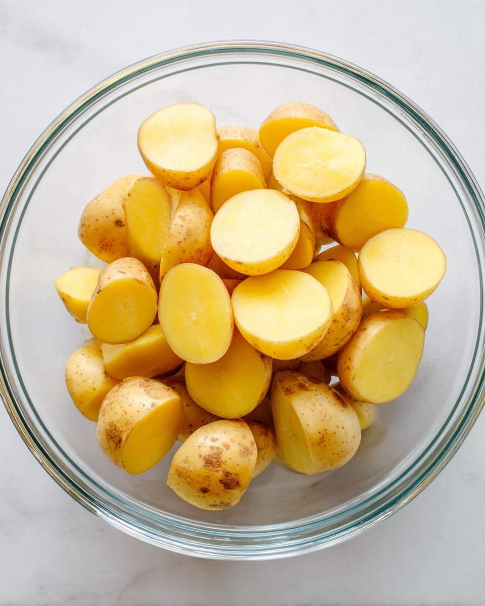 A clear glass bowl filled with halved yellow potatoes. The potatoes have light brown skin with some small spots and a smooth, bright yellow flesh inside. The bowl is placed on a white marbled surface, and the potatoes fill the bowl almost to the top. The image is bright and simple, showing the fresh cut potatoes clearly. photo taken with an iphone --ar 4:5 --v 7