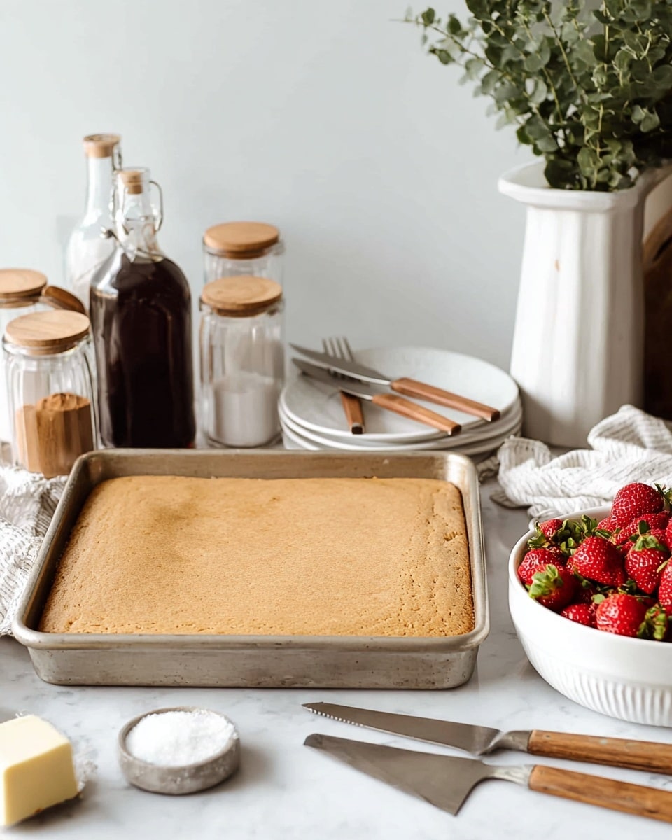 A large rectangular baked cake with a light golden brown top layer fills a metal baking pan close to the front, resting on a white marbled surface. To the right, there is a white bowl full of fresh, bright red strawberries with green leaves on top. Next to the bowl are three white stacked plates with three forks and three knives, all with brown wooden handles placed on top. At the back, there is a small glass bottle filled with a dark syrup, a tall white ceramic jug holding greenery, and a tall white ceramic bottle. On the left side of the frame, three glass jars with brown lids contain various baking ingredients like cinnamon and salt. A small silver dish with a piece of butter and a metal spatula with a light wooden handle are also visible. Photo taken with an iphone --ar 4:5 --v 7