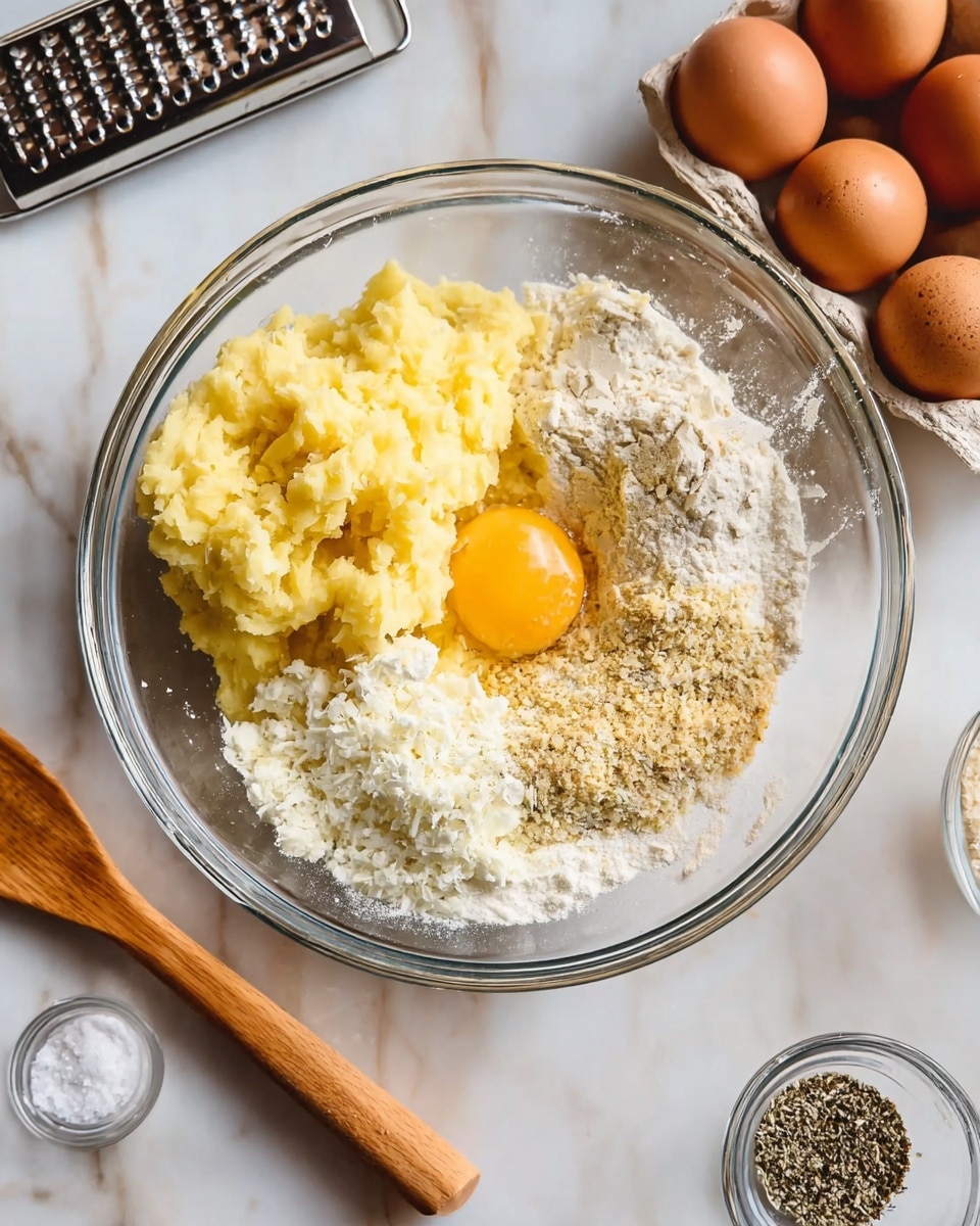 A clear glass bowl shows several layers of ingredients on a white marbled surface: mashed yellow potatoes on top left, crumbly white cheese below that, a whole raw egg with a bright yellow yolk in the center, white flour stacked below and to the left of the egg, and ground black pepper mixed with light tan breadcrumbs on the right side of the egg. Around the bowl are two brown eggs in a carton, a wooden grater with a handle resting diagonally below the bowl, a small glass bowl of salt, and a small glass bowl of black and white pepper. Photo taken with an iphone --ar 4:5 --v 7