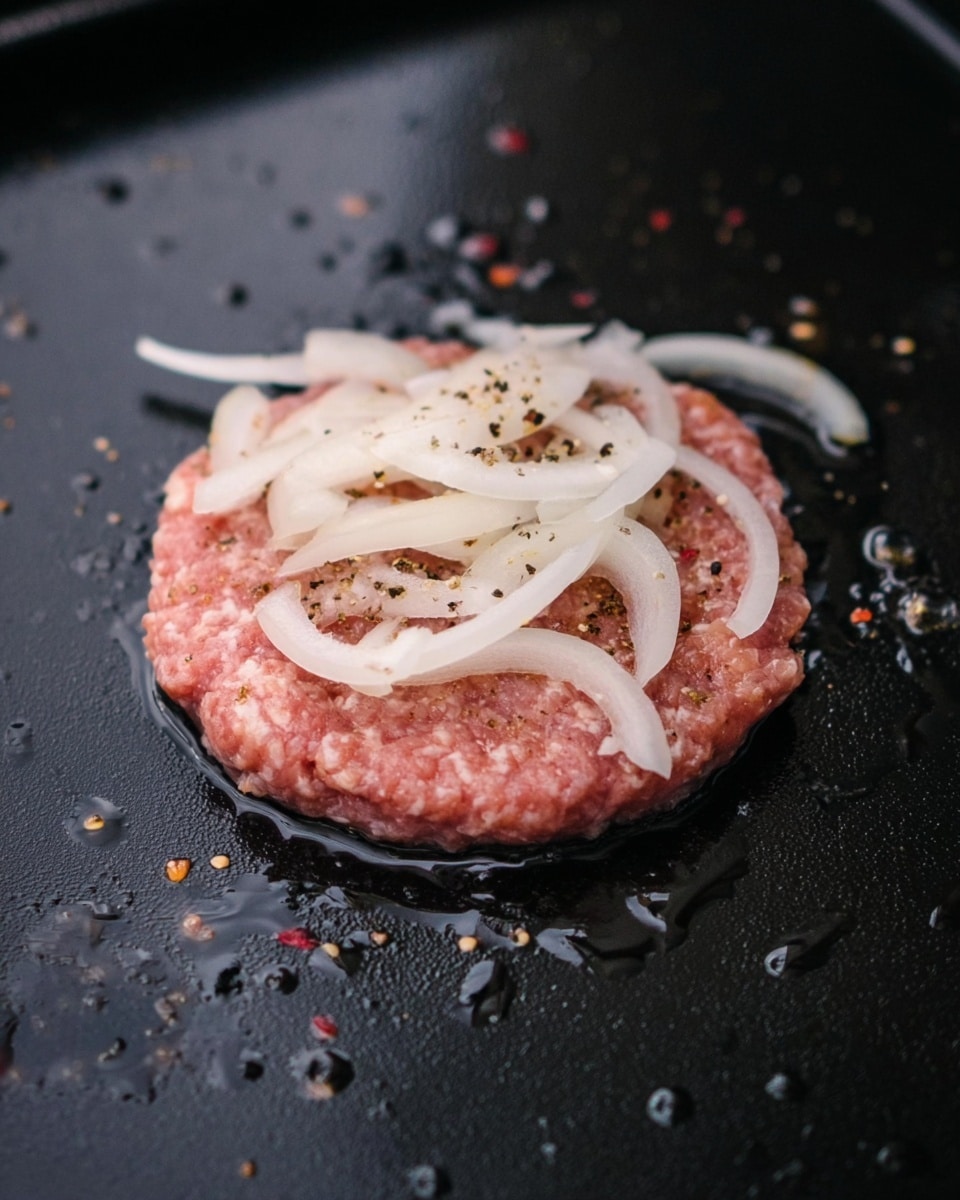 A close-up of a round raw meat patty placed on a shiny black cooking surface. The patty is topped with thinly sliced white onions scattered unevenly over it. The patty has small specks of red and black seasoning on its pink surface. The cooking surface shows small droplets of oil around the patty, reflecting light. photo taken with an iphone --ar 4:5 --v 7