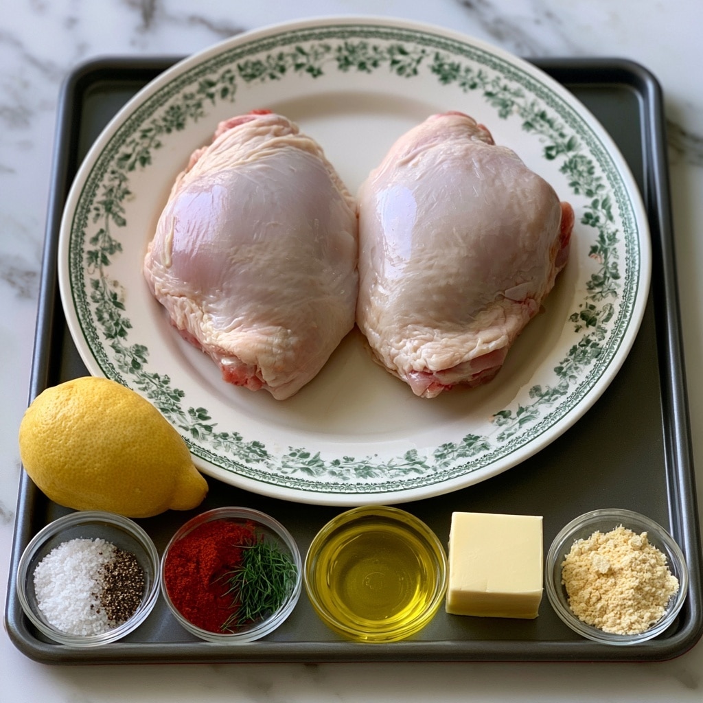 Two light pink raw chicken pieces sit side by side on a white plate with green floral patterns around the rim, placed on a dark baking tray. Below the plate, from left to right, there is one whole yellow lemon, a small glass bowl of coarse salt and pepper, a small glass bowl with red smoked paprika and green dill, a small glass bowl of yellow olive oil, a small square piece of pale yellow butter, and a small glass bowl with mixed garlic powder and onion powder. The tray is set on a white marbled surface. Photo taken with an iphone --ar 4:5 --v 7